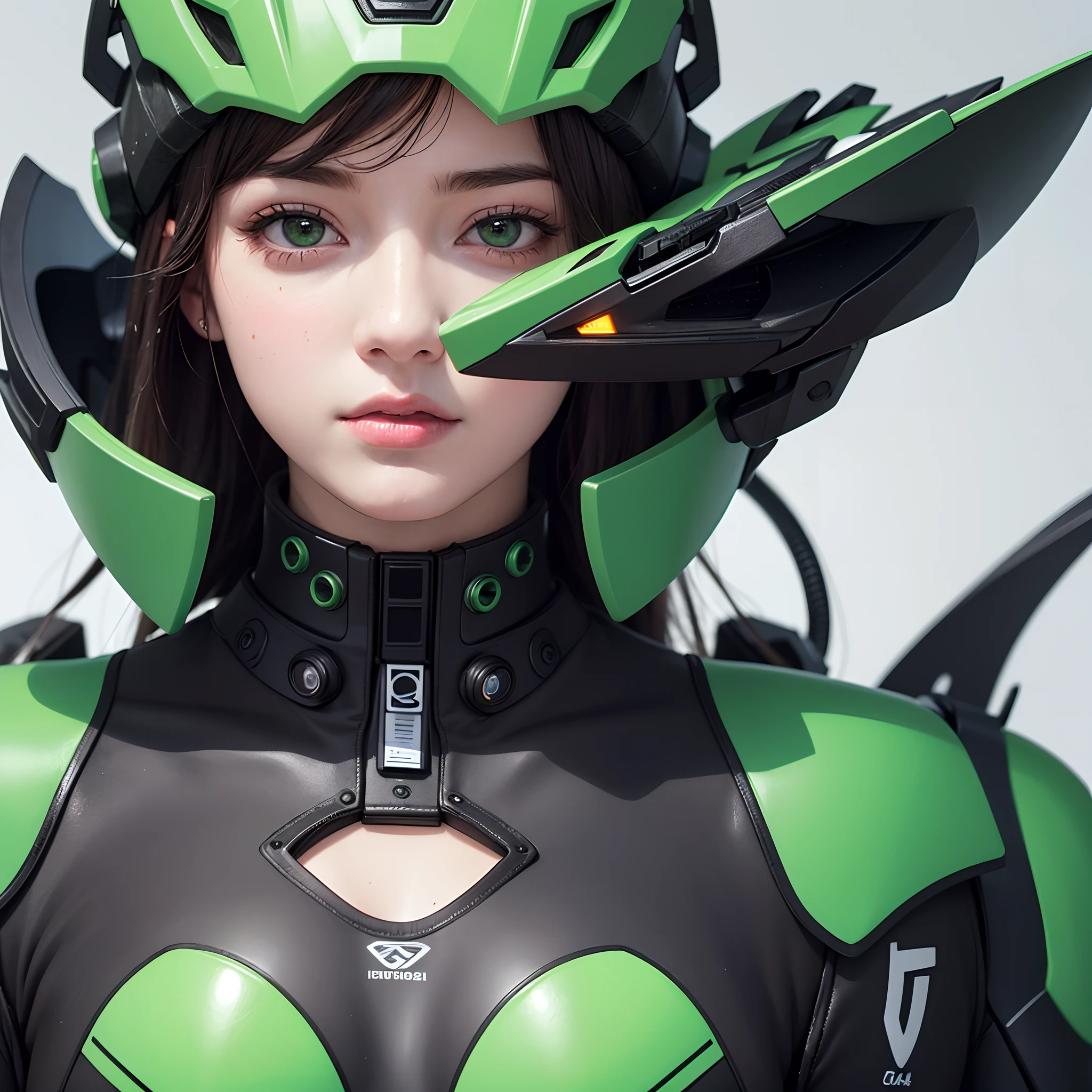 Highest image quality, outstanding details, ultra-high resolution, (realism: 1.4), the best illustration, favor details, highly condensed 1girl, with a delicate and beautiful face, dressed in a black and green mecha, wearing a mecha helmet, holding a directional controller, the background is a high-tech lighting scene of the future city.