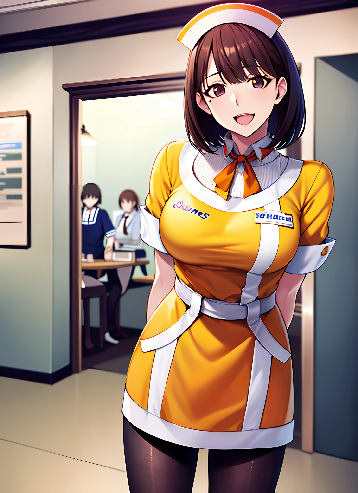 (masutepiece, Best Quality:1.5), Cowboy Shot, Solo, 1girl in, Yasushi Anegasaki々, woman samurai, Smile, Looking at Viewer, arm behind back, :D, Tray, ((Waitress uniform:1.2)), see-through legwear, White Apron, pantyhose, restaurant, Indoors, The table, Chair, cup,