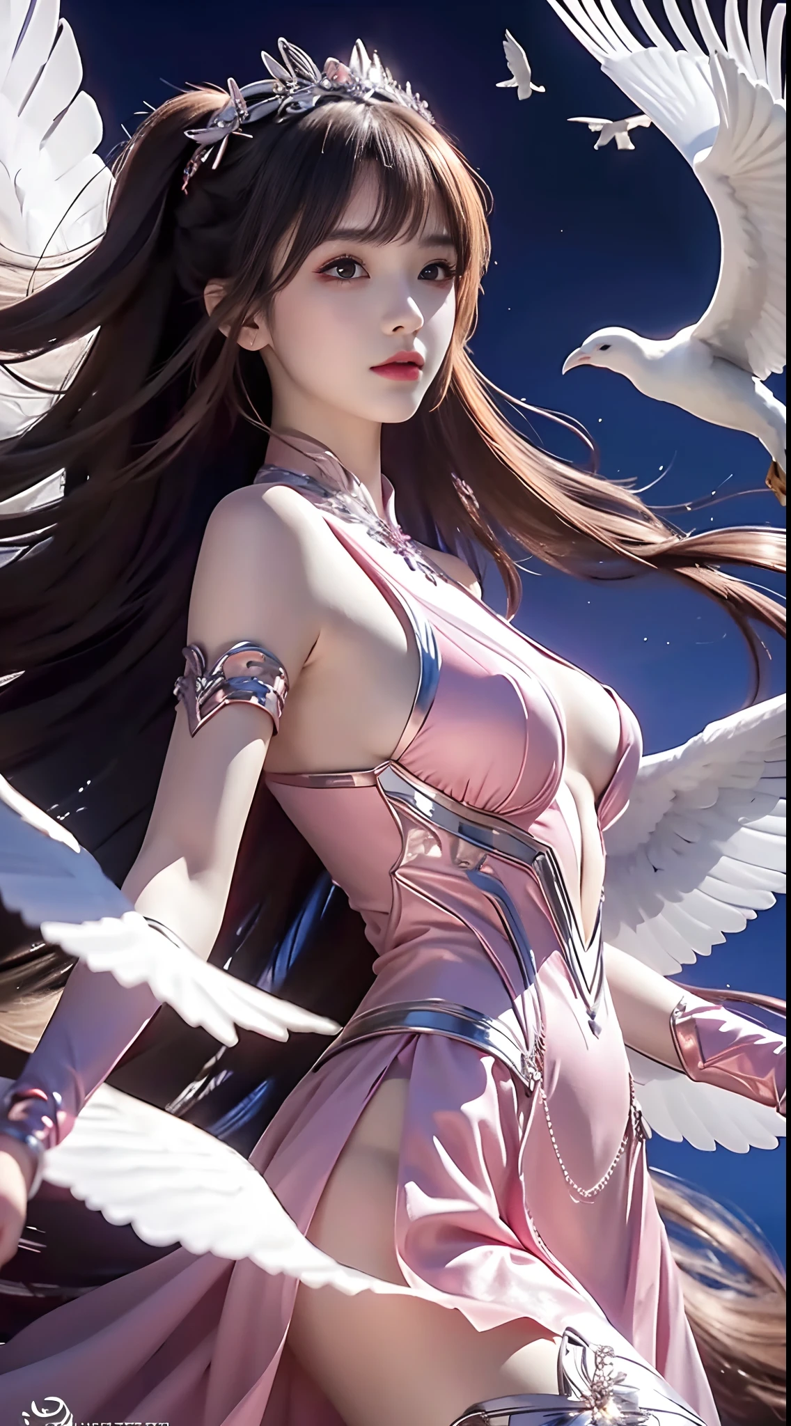 8K Ultra hd, a beautiful cute girl, 18 years old cute girl, detaild eye, smooth skin, fantacy dress, pink dress, ultra long hair, detailed lips, medium breasts, hight 5 feet, heaven background, heavens, heaven birds, whole body capture,