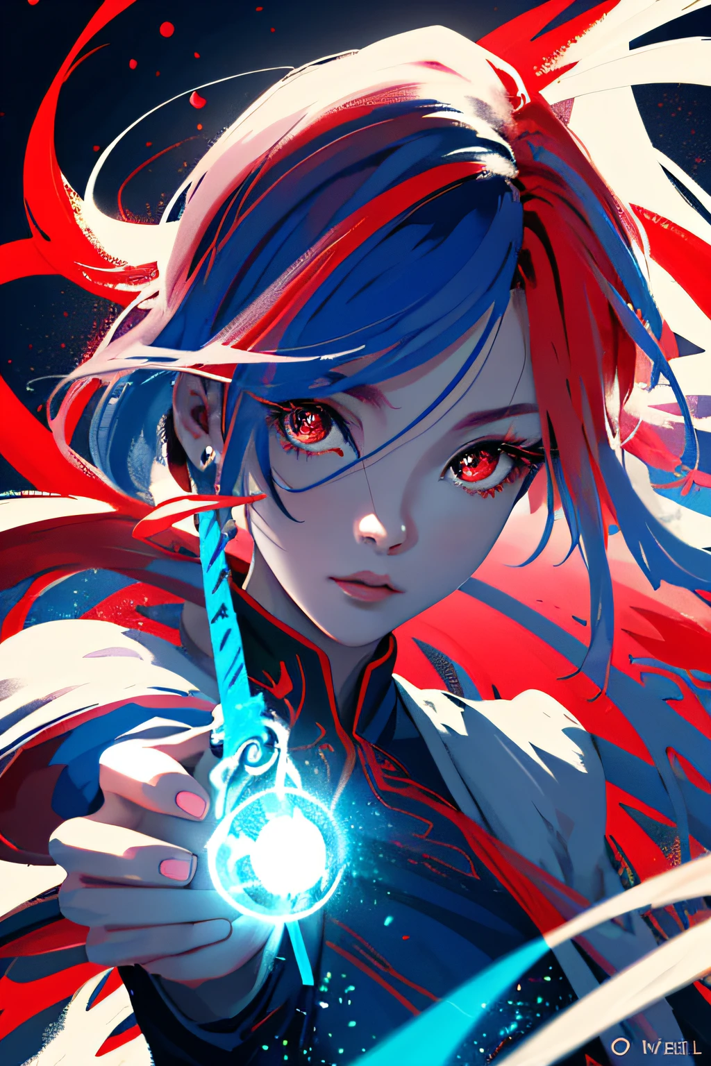 realisticlying、Masterpiece quality、best qualtiy、offcial art、Beauty and aesthetics：1.2、Very detailed fractal art、Colorful abstract background、Kizi、Kamimei、The color hair、long whitr hair、luminous red eyes、Ghost Annihilation、Thou beans，Red and blue color scheme，Girl with a sword