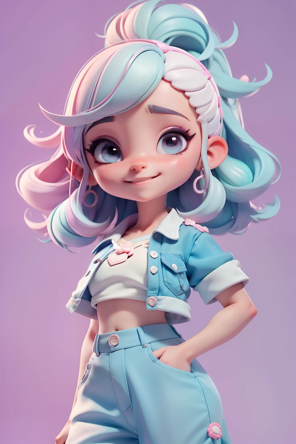 Avatar adolescente, tons pastel, sorriso meigo e delicado, Modern clothing and accessories, corpo inteiro,pele clara e olhos delicados e cabelos multicolor, fundo simples e branco