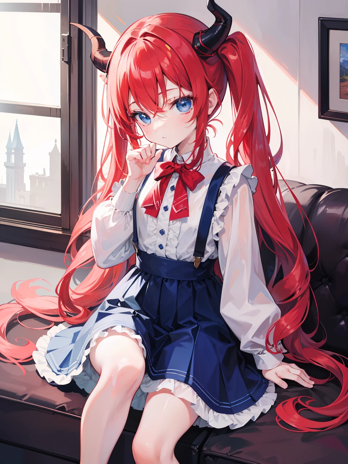 {{best quality}}, {{masterpiece}}, {{ultra-detailed}}, {illustration}, {detailed light}, red hair,blue eyes,twintails,lolita,Suspenders skirt,Fantastic,loli,solo,Dragon horns,little girl,long hair
