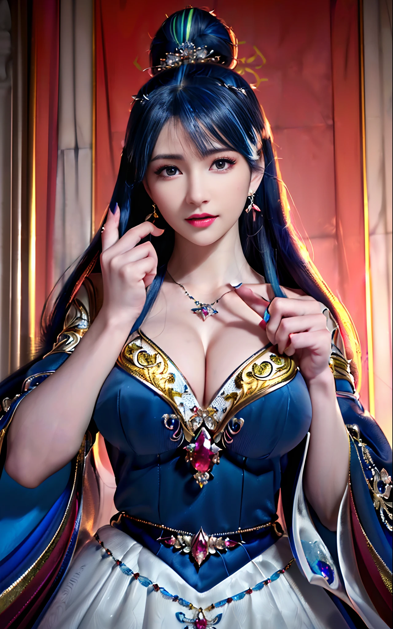 ((realisticity: 1.2)), ((realistic: 8K UHD)), ((best resolution: 8K UHD)), hyper detailed, best quality,masterpiece,highres,cg, ((1 girl hyper detailed and hyper realistic) ) , ((beautiful queen, hyper realistic and hyper detailed)),((white skin, beautiful, smooth, youthful, hyper realistic and hyper detailed )), ((Face hyper beautiful, white, hyper realistic and hyper detailed ) ), long hair, ((hyper realistic and hyper detailed dress)), solo, ((hyper realistic, hyper beautiful, beautiful and hyper detailed jewelry)), ((hyper beautiful deep red and golden yellow dress, hyper realistic and hyper detailed )) , ((Her pretty, hyper realistic, hyper detailed diamond filled earrings)), ((Her gorgeous diamond haircut, hyper realistic and hyper detailed)), ((hyper pretty upper body, hyper beautiful, hyper realistic and hyper detailed) ), ((medium breast: 1.1)), ((hyper realistic, hyper pretty, hyper detailed boobs)), ((the backgroun of the royal palace is hyper majestic, hyper realistic and hyper detailed)),((hands and palms hyper beautiful, hyper detailed, hyper realistic)), ((hyper detailed and hyper realistic fingers and fingernails)), ((hyper pretty fingernails, hyper vivid, hyper detailed, hyper realistic)), ((thumb, index finger, middle finger, ring finger, little finger hyper vivid, hyper pretty, hyper detailed, hyper realistic)),  
((hyper beautiful fingers, hyper detailed, and hyper realistic)), ((posture not too fat and not too thin, hyper realistic, hyper detail)), ((hyper pretty, hyper pretty, hyper realistic and hyper detailed hair bun)), ((hyper pretty , hyper realistic and hyper detailed blue hair)), candid, Photo, high resolution, 8k , bokeh,