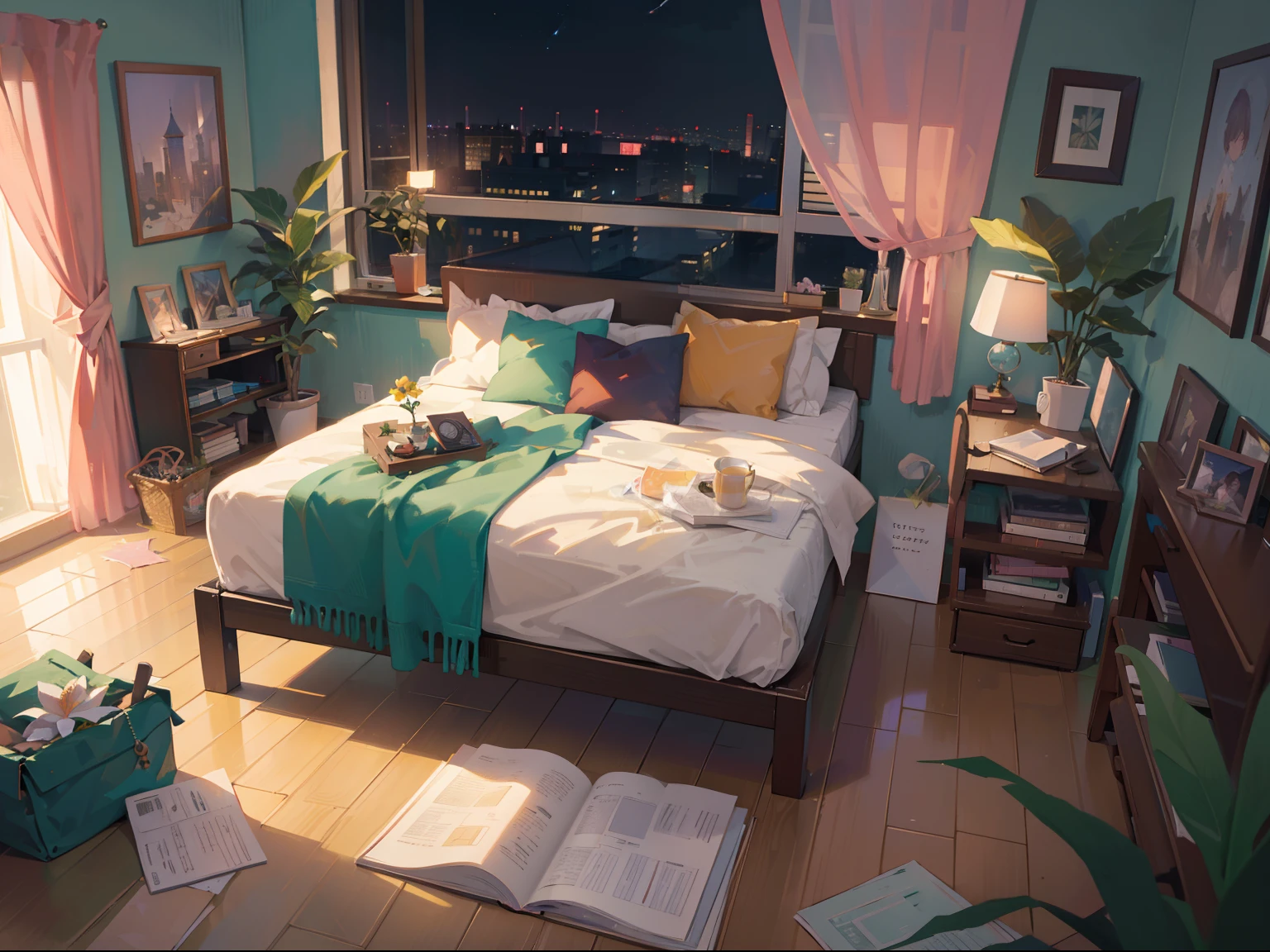 (masterpiece), best quality, ultra high res, sharp focus, ((no human)), medium long shot, MLS, detailed structure, detailed architecture, warm pastel color, studio bedroom, messy bedroom, plants, leaf, flower, desk, chair, open window, curtains, (at the night time:1.2)