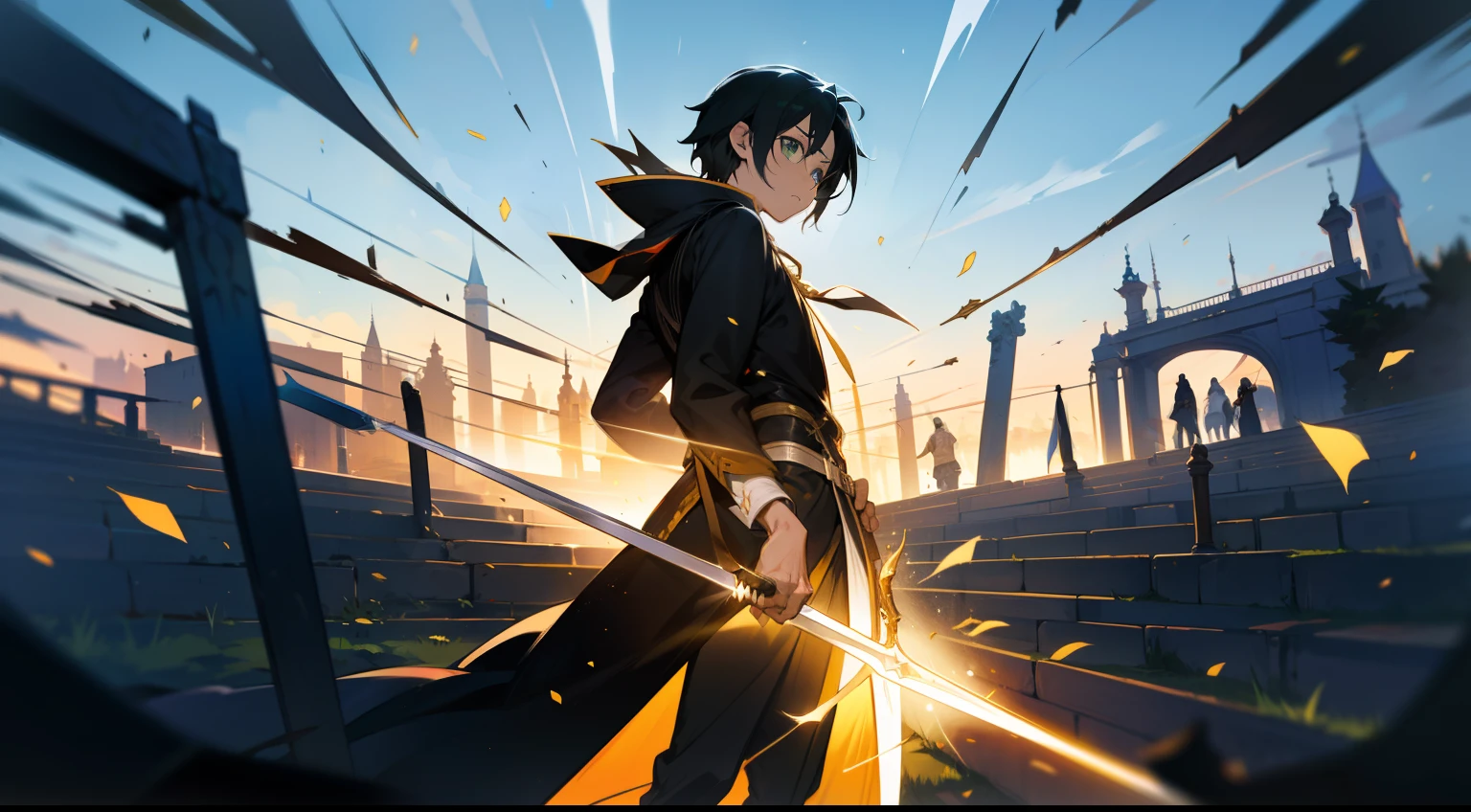 In this captivating manga scene, Kirito se destaca dentro de um reino de anime. The whole body is depicted, Against a meticulously detailed background that adds depth to the narrative. The art form chosen is digital illustration, habilmente executada pela renomada artista Yuko Shimizu. Kirito's expression reflects determination as he wields his sword, while lighting casts dynamic shadows, aumentando a intensidade da cena. A temperatura de cor inclina-se para tons mais frios, evoking a sense of mystery and adventure. Geral, The atmosphere exudes a mixture of emotion and anticipation. --V 5 --Estilizar 1000