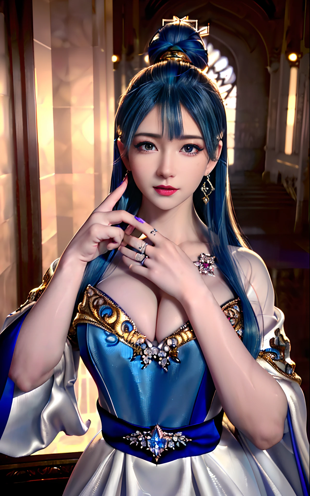 ((realisticity: 1.2)), ((realistic: 8K UHD)), ((best resolution: 8K UHD)), hyper detailed, best quality,masterpiece,highres,cg, ((1 girl hyper detailed and hyper realistic) ) , ((beautiful queen, hyper realistic and hyper detailed)),((white skin, beautiful, smooth, youthful, hyper realistic and hyper detailed )), ((Face hyper beautiful, white, hyper realistic and hyper detailed ) ), long hair, ((hyper realistic and hyper detailed dress)), solo, ((hyper realistic, hyper beautiful, beautiful and hyper detailed jewelry)), ((hyper beautiful deep red and golden yellow dress, hyper realistic and hyper detailed )) , ((Her pretty, hyper realistic, hyper detailed diamond filled earrings)), ((Her gorgeous diamond haircut, hyper realistic and hyper detailed)), ((hyper pretty upper body, hyper beautiful, hyper realistic and hyper detailed) ), ((medium breast: 1.1)), ((hyper realistic, hyper pretty, hyper detailed boobs)), ((the backgroun of the royal palace is hyper majestic, hyper realistic and hyper detailed)),((hands and palms hyper beautiful, hyper detailed, hyper realistic)), ((hyper detailed and hyper realistic fingers and fingernails)), ((hyper pretty fingernails, hyper vivid, hyper detailed, hyper realistic)), ((thumb, index finger, middle finger, ring finger, little finger hyper vivid, hyper pretty, hyper detailed, hyper realistic)),
((hyper beautiful fingers, hyper detailed, and hyper realistic)), ((posture not too fat and not too thin, hyper realistic, hyper detail)), ((hyper pretty, hyper pretty, hyper realistic and hyper detailed hair bun)), ((hyper pretty , hyper realistic and hyper detailed blue hair)), candid, Photo, high resolution, 8k , bokeh,