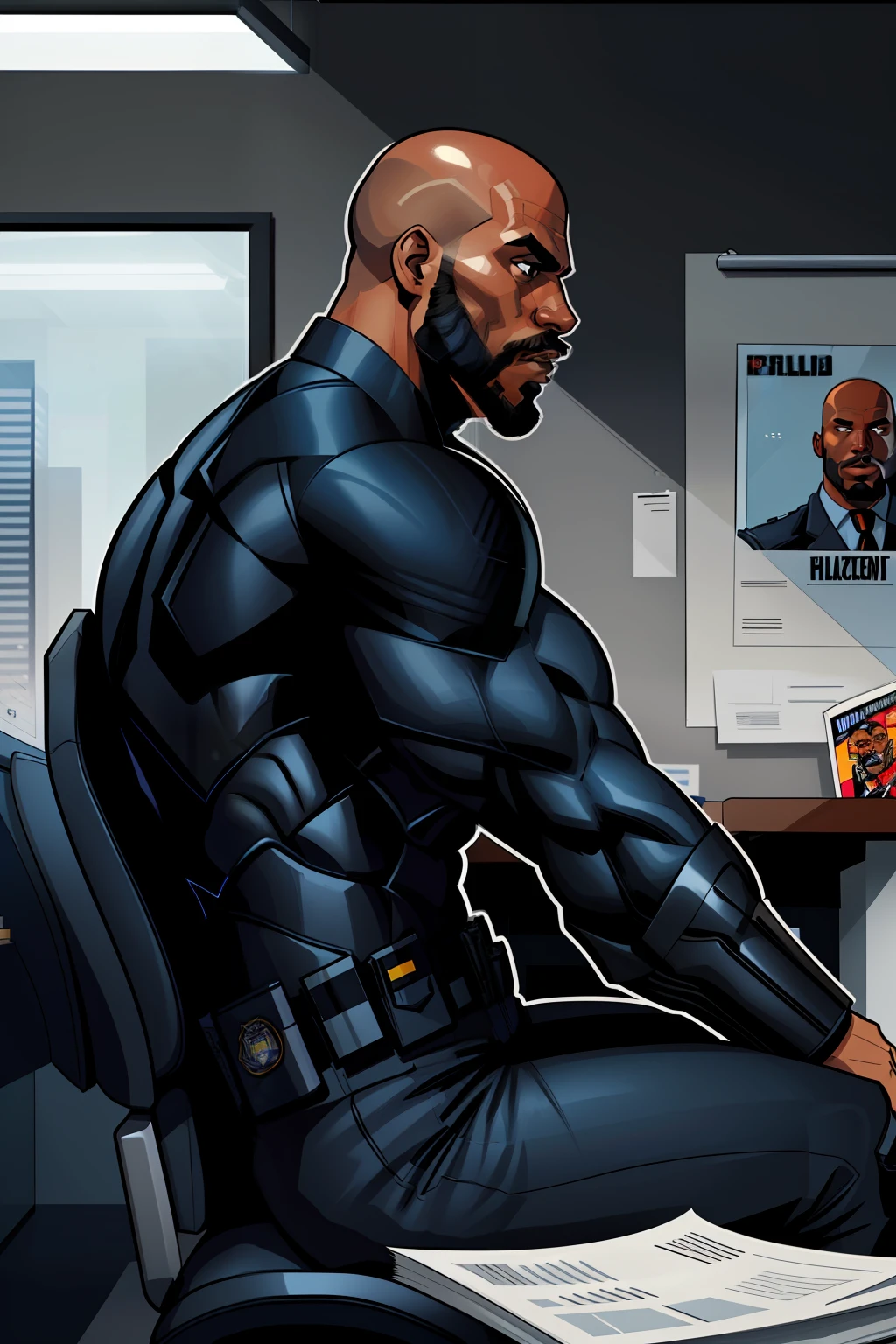 side view of a police officer, black man, bald, facial hair, wearing american police suit, sitting in police station office, jail cell in the background, comic book style, flat shaded, prominent comic book outline linework