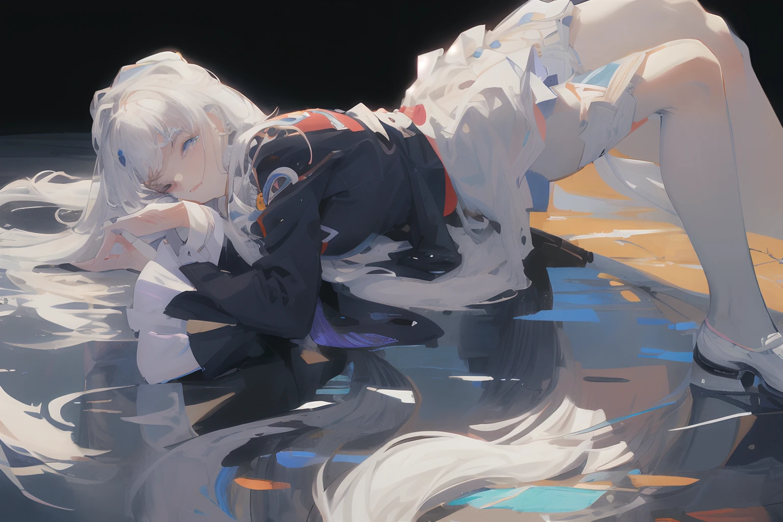((masterpiece, best quality, ultra-detailed, high-resolution)), solo, beautiful girl, gleaming eye, perfect eye, age 15, white hair, black white gold theme,