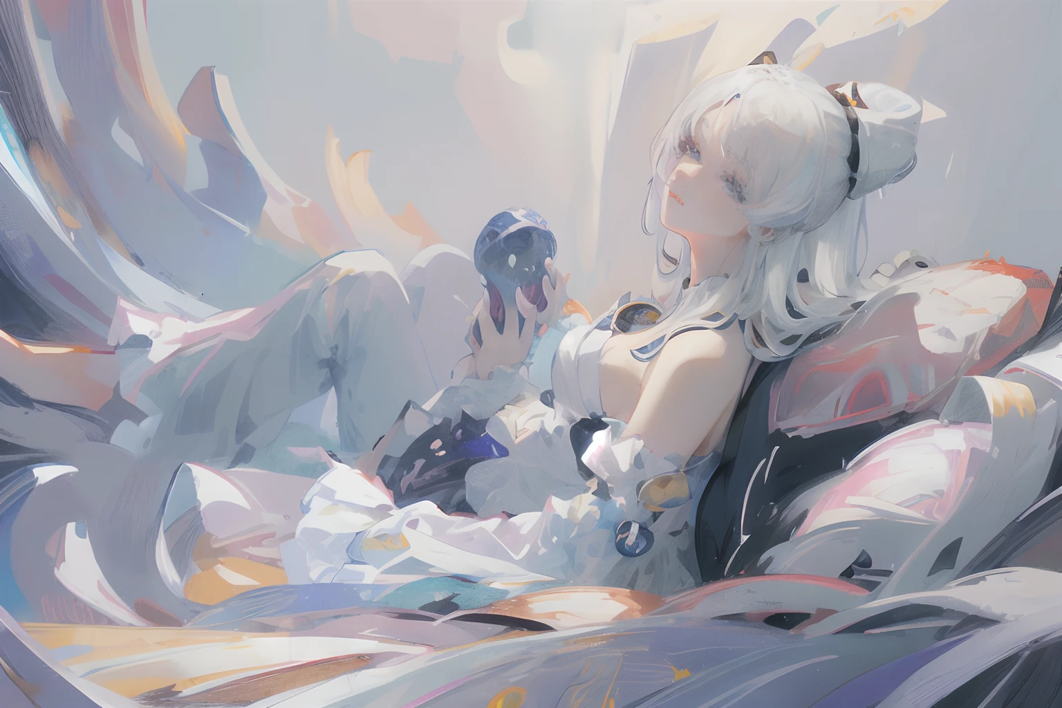 ((masterpiece, best quality, ultra-detailed, high-resolution)), solo, beautiful girl, gleaming eye, perfect eye, age 15, white hair, black white gold theme,