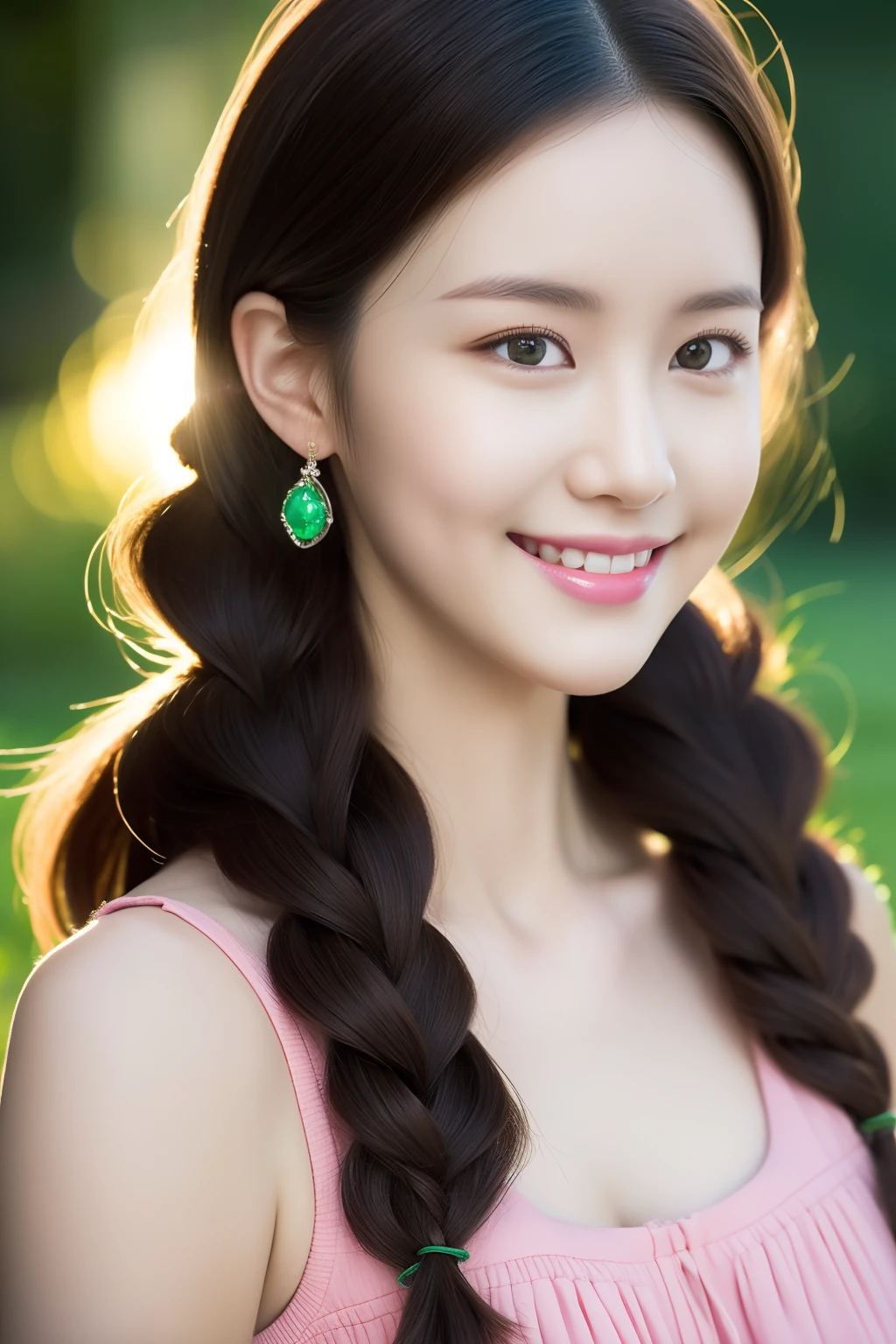 Best quality, Masterpiece, Night, full moon, 1 girl, Mature woman, Chinese style, Ancient China, sister, Imperial sister, Smile, Dark brown hair, Dark hair, Princess cut, Fried dough twisted braid, Coiled hair, Double ball head, Light pink lips, calm, Intellectual, mid hair, Green eyes, Hairpin, hydrangea, Fine face, facial closeups, Close-up of the hand, Green clothes,Beautiful face,Photorealistic, rim lit, twotonelighting,(highdetailskin:1.2), 8K  UHD, Digital SLR, Soft lighting, High quality, voluminetric lighting, photographed, high resolution, 4K, 8K, Bokeh