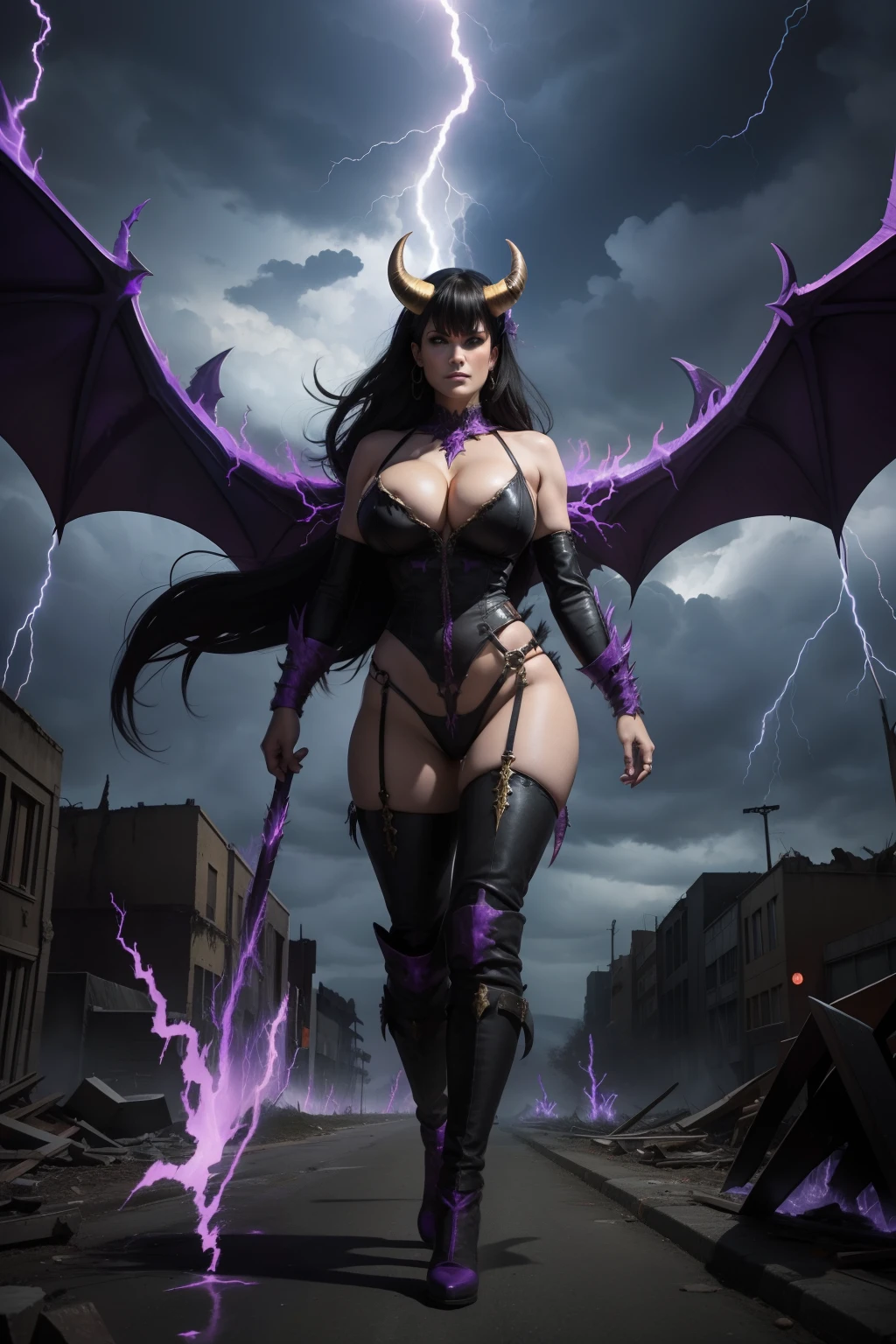 Lisa Ann as a hyper-powerful giant demon with a demon horn on his head and demon wings, throws purple lightning bolts at a city, en ruine post apocalyptique, foule en panique