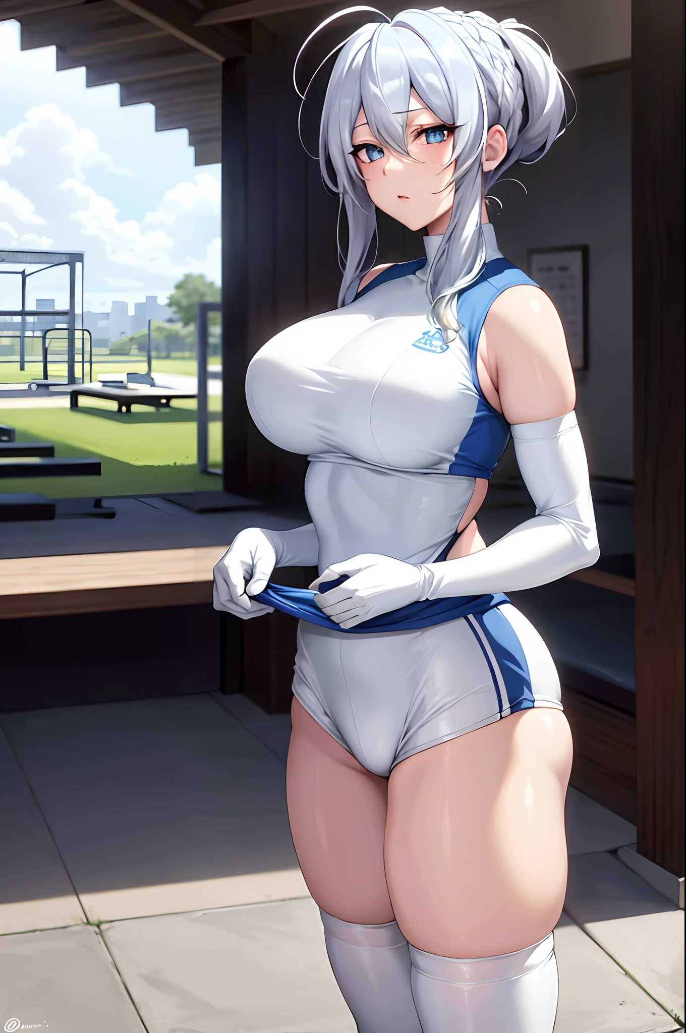 masterpiece, best quality, highres, Yukino, silver hair, blue eyes, short hair, symbol-shaped pupils, +_+, large breasts, gym uniform, white shirt, sleeveless, white gloves, elbow gloves, white shorts, gym shorts, short shorts, white thighhighs, outdoor, playground, grass, cowboy shot, standing, leaning forward,