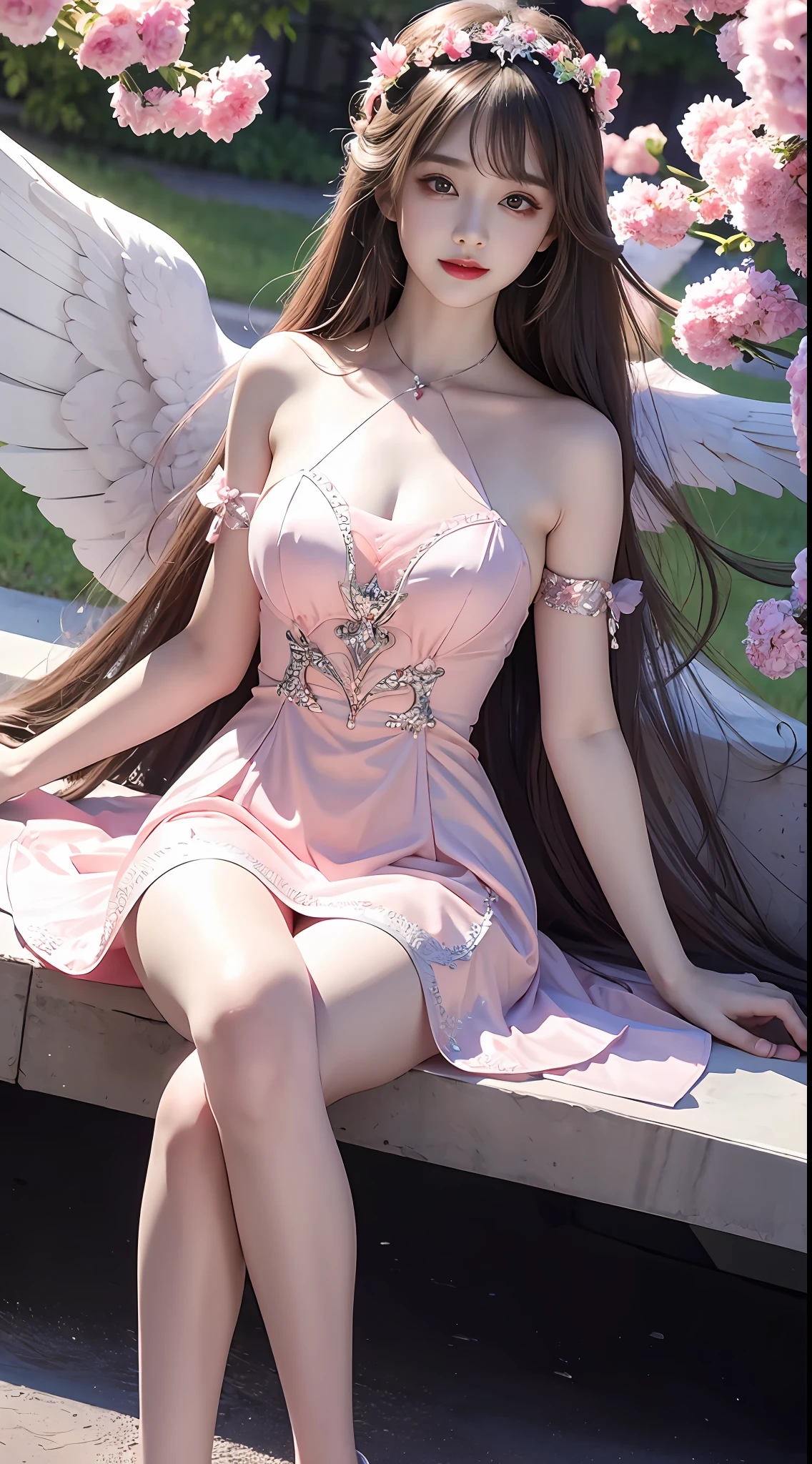 8K Ultra hd, a beautiful cute girl, 18 years old cute girl, detaild eye, smooth skin, happy, fantacy dress, pink dress, ultra long hair, detailed lips, medium breasts, hight 5 feet, heaven background, heavens, heaven birds, sitting, whole body ,