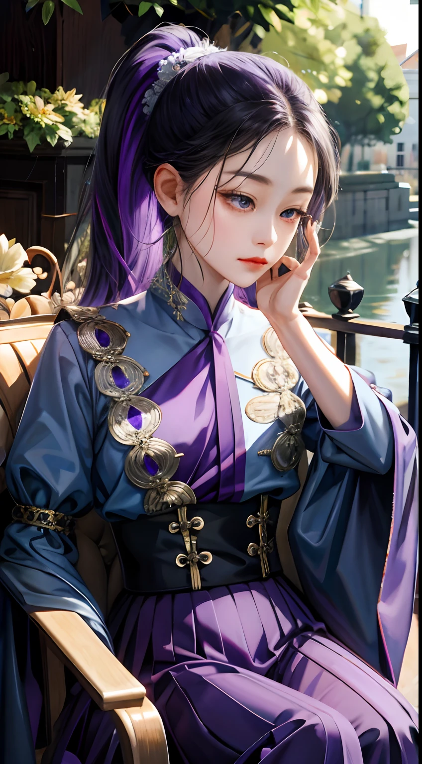 （hoang lap，A high resolution，ultra - detailed），1girll，独奏，mature，baroque，long  skirt，longer sleeves，ellegance，Colorful，Most detailed，The upper part of the body，Purple double ponytail，Not all hair is tied in a ponytail，Mostly scattered outside，Frowning tightly，Amethyst eyes and closed small mouth，Purple skirt，（（ with round face、Fat Chubby））