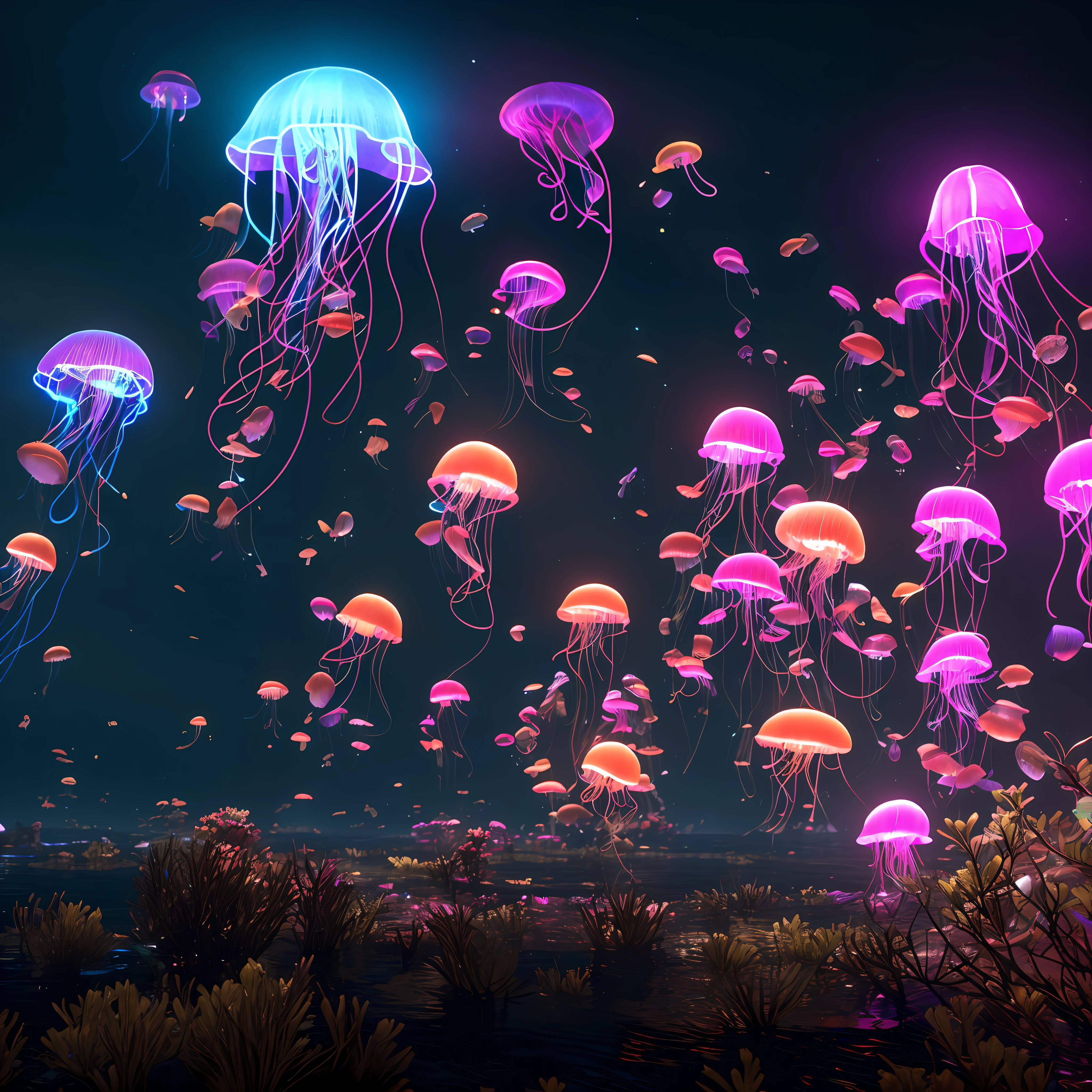 neon jellyfish swimming, jellyfish, dark sea, neon beautiful jellyfish, 3D render, Red Dead Redemption 2 asset, high detailed 3D asset, national geographic, documentary, extremely detailed, 4k