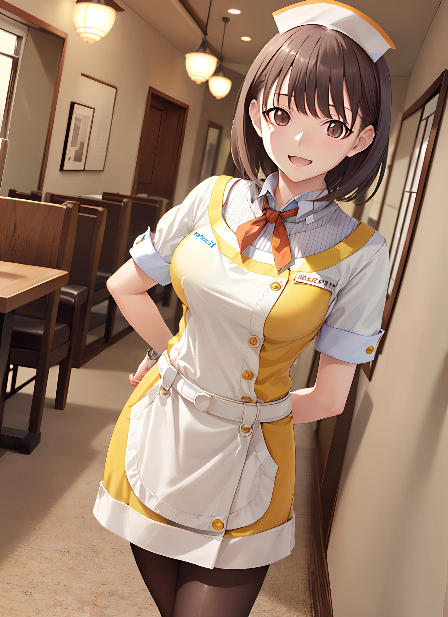 (masutepiece, Best Quality:1.5), Cowboy Shot, Solo, 1girl in, Yasushi Anegasaki々, woman samurai, Smile, Looking at Viewer, arm behind back, :D, Tray, ((Waitress uniform:1.2)), see-through legwear, White Apron, pantyhose, restaurant, Indoors, The table, Chair, cup,