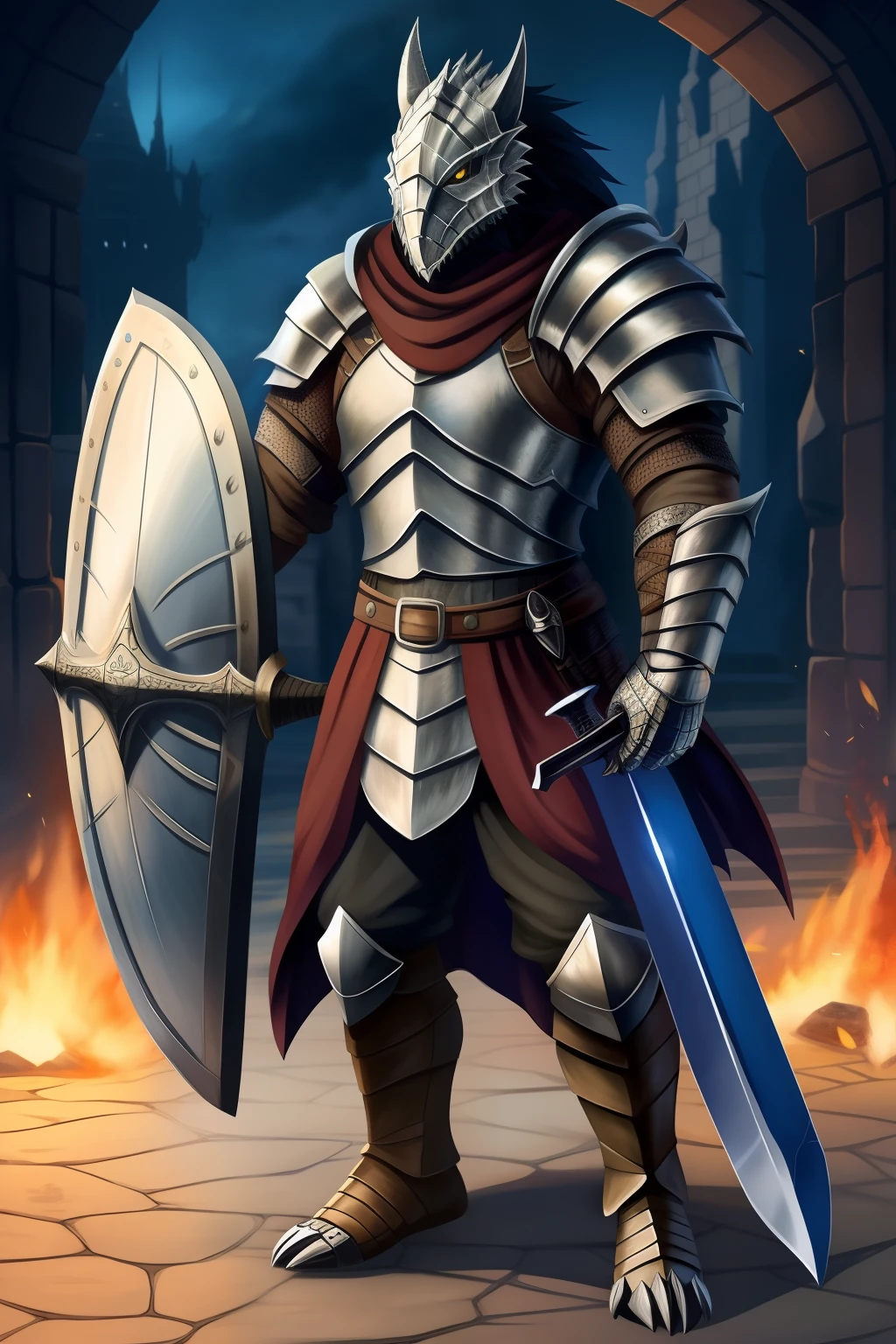 um lobo ( holding a sword in his left hand and a shield in his right hand) ( usando a armadura do Artorias do Dark Souls)