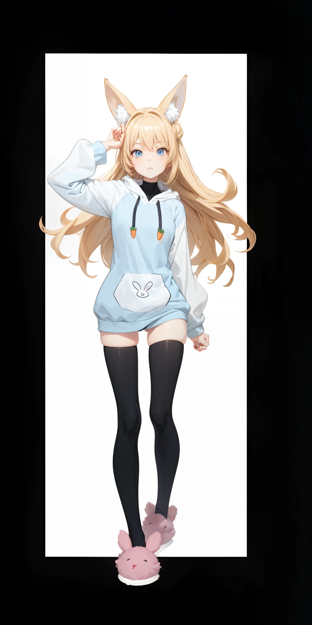 anime woman with long blonde hair, double spaced buns, wearing a light pastel blue hoodie, fox ears, anime full body illustration, blonde anime young woman with long hair, !!full body portrait!!, full body illustration, full body!, black thigh high stockings, pink bunny slippers, carrot hoodie string aglets, white sleeves, drawing art, blue eyes, white pocket,