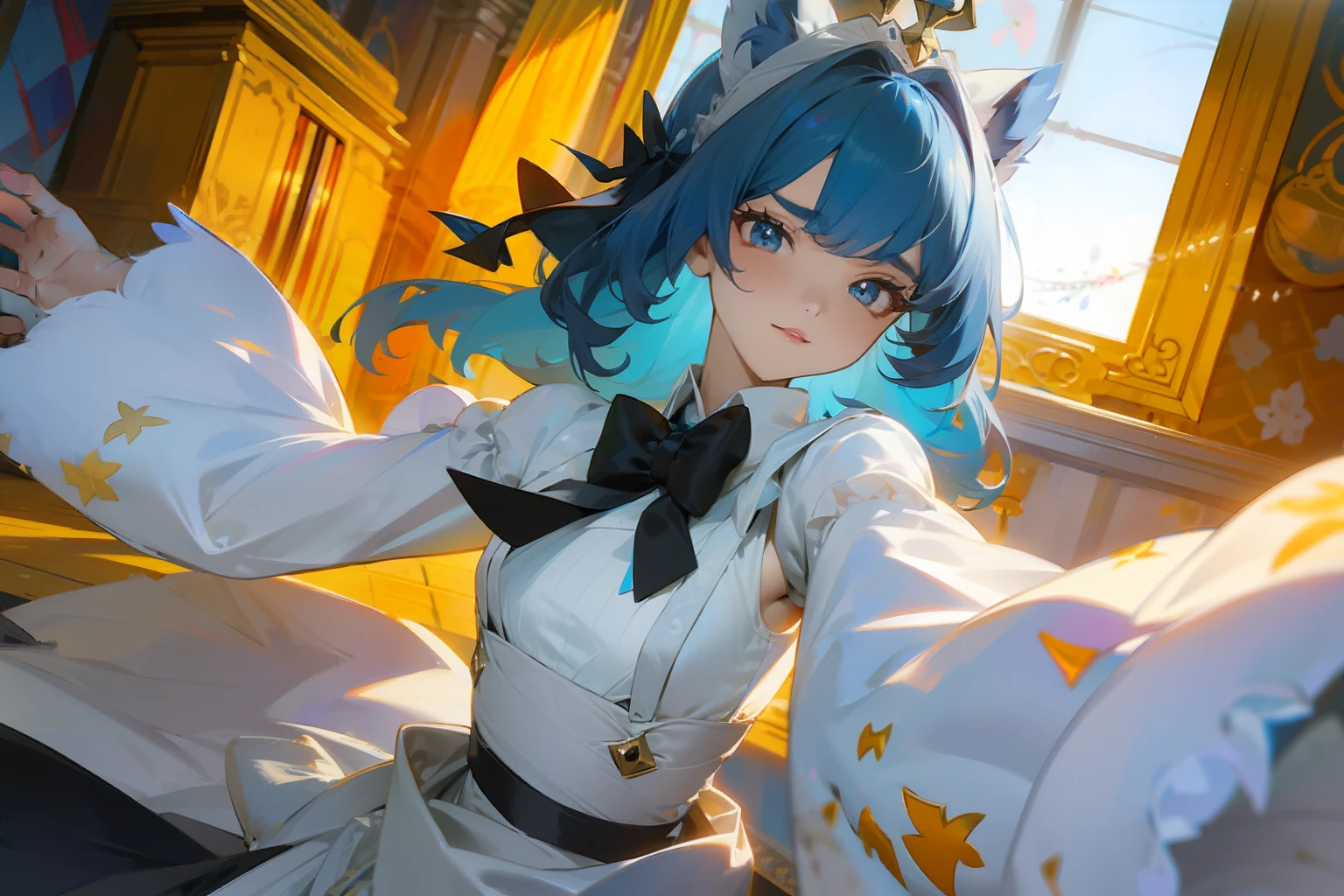 tmasterpiece,delicated,illustratio,{Beautiful Meticulous Girl},beautiful and detailed aura,(rays of moonlight:1.2),detailed lighting,(beautiful and detailed eye:1.1),expressioness,palaces,sky-bluehair,stray hair,with long bangs,eyebrows very,(whitegreydress:1.1),black ribbon,white bowties,upper abdominals,bleak,florals,longer sleeves
