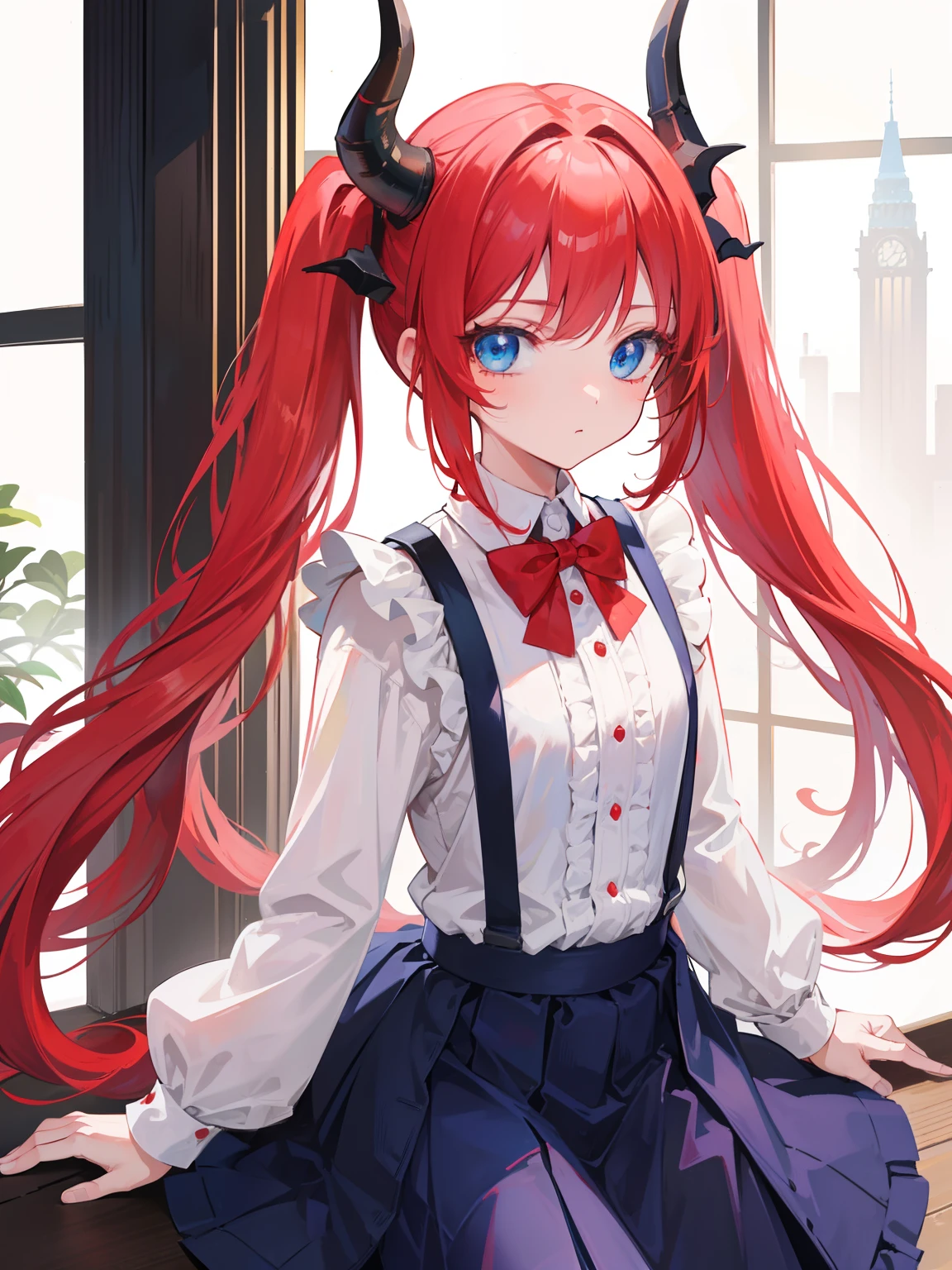 {{best quality}}, {{masterpiece}}, {{ultra-detailed}}, {illustration}, {detailed light}, red hair,blue eyes,twintails,lolita,Suspenders skirt,Fantastic,loli,solo,Dragon horns,little girl,long hair