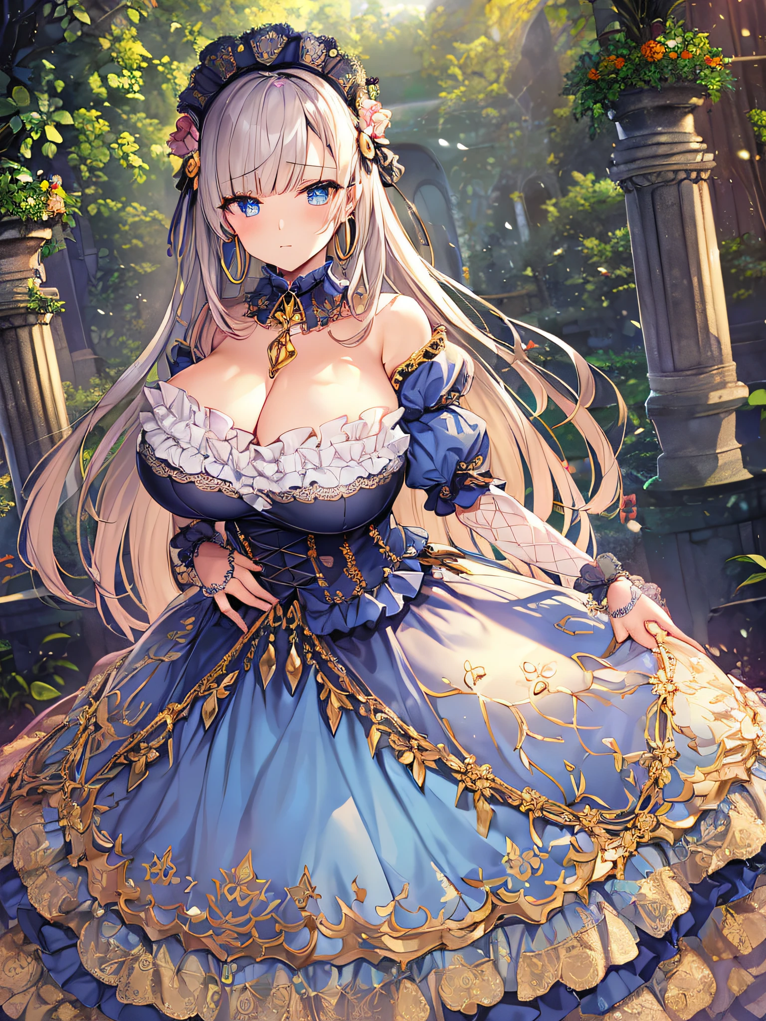 ((anime artstyle)),(Masterpiece),(Best Quality), (Super Detail),((Very Delicate and Beautiful)),(((Solo))),((full body)),(((1 princess in extremely gorgeous ta dress with voluminous full length hoop skirt))),((standing in garden)),Long train,(bling-bling gorgeous gemstone jewelry),detailed face and eyes,jewel-like eyes,cry,((large amount of straight hair,extremely voluminous Very Long Straight Hair)),((gigantic tits,Long tits)),cleavage,(gorgeousfull embroidery and lace),gorgeous corsage,See-through,((extremely gorgeousfull loliair ornament)),bling-bling extremely gorgeousfull jeweled tiara,ornate ruffles,beautiful embroidery,(hoop skirt,crinoline),flowers, flower petals flowing,((Dynamic Angle)),Looking at viewer,((full body))