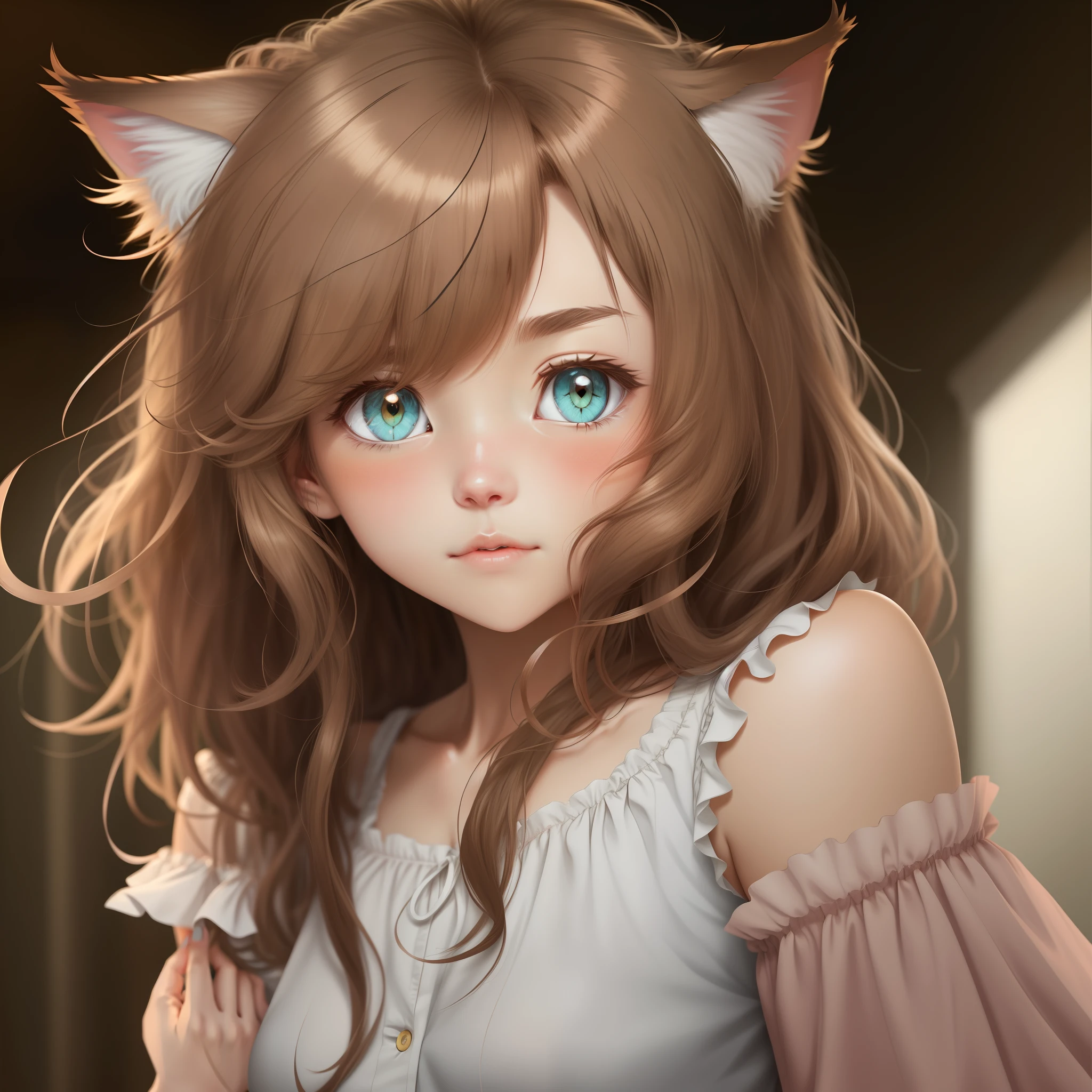 light brown hair, messy hair, hairpin, heterochromia, aqua eyes, cat ears, blush, light blush, anime