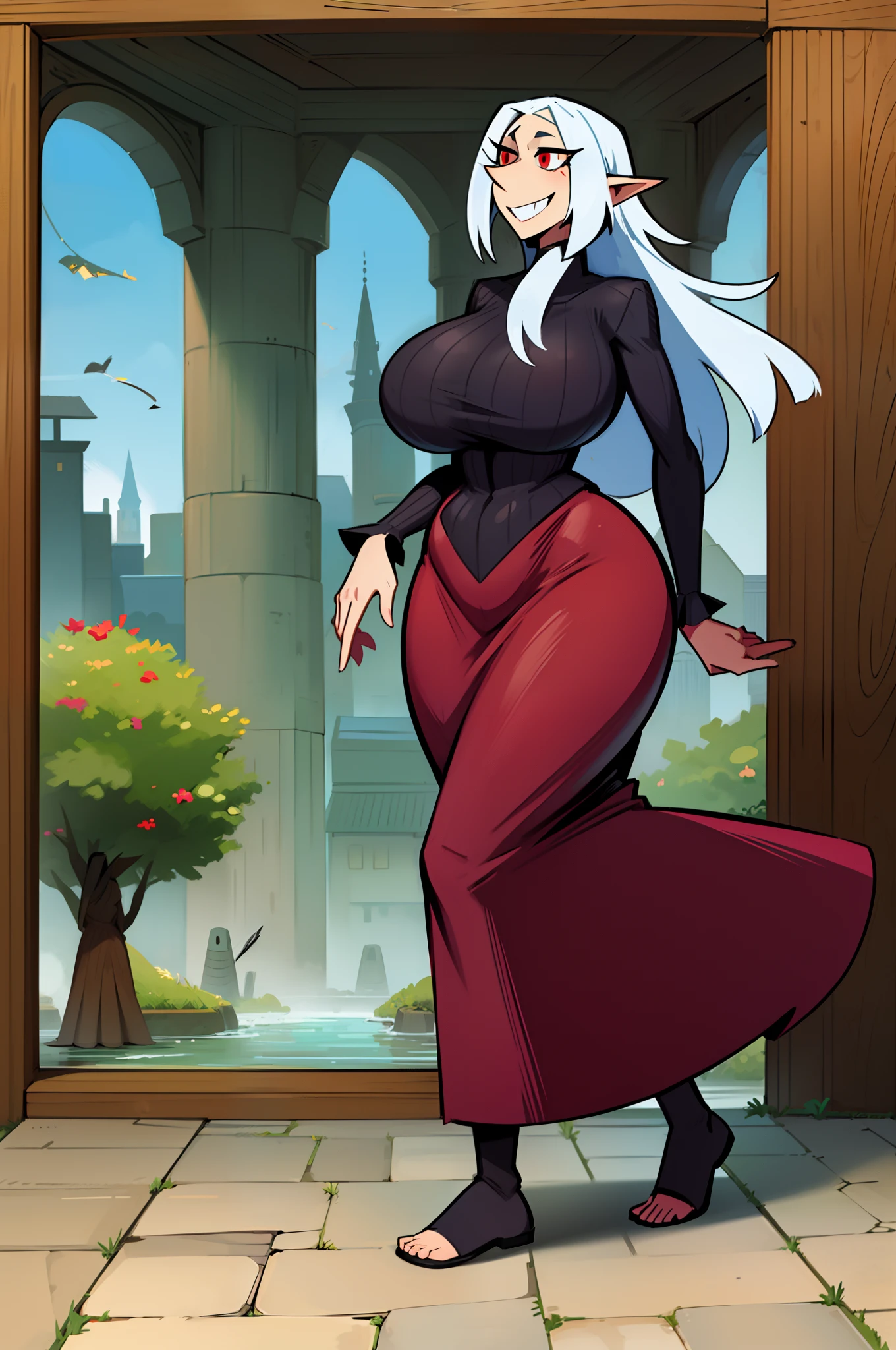 Gothic, , tall woman, curved, f, long hairalone,,, forest city, plants, walking, smile, smile, ,fur clothes, wizard, medieval, village,tights, portrait, long skirt, long dress, flip-flops, , , , , 1gir,1character, walking,long skirt, red eyes, long nose, medium breast, curvy