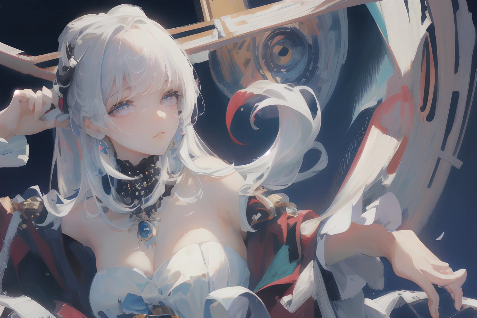 ((masterpiece, best quality, ultra-detailed, high-resolution)), solo, beautiful girl, gleaming eye, perfect eye, age 15, white hair, black white gold theme,