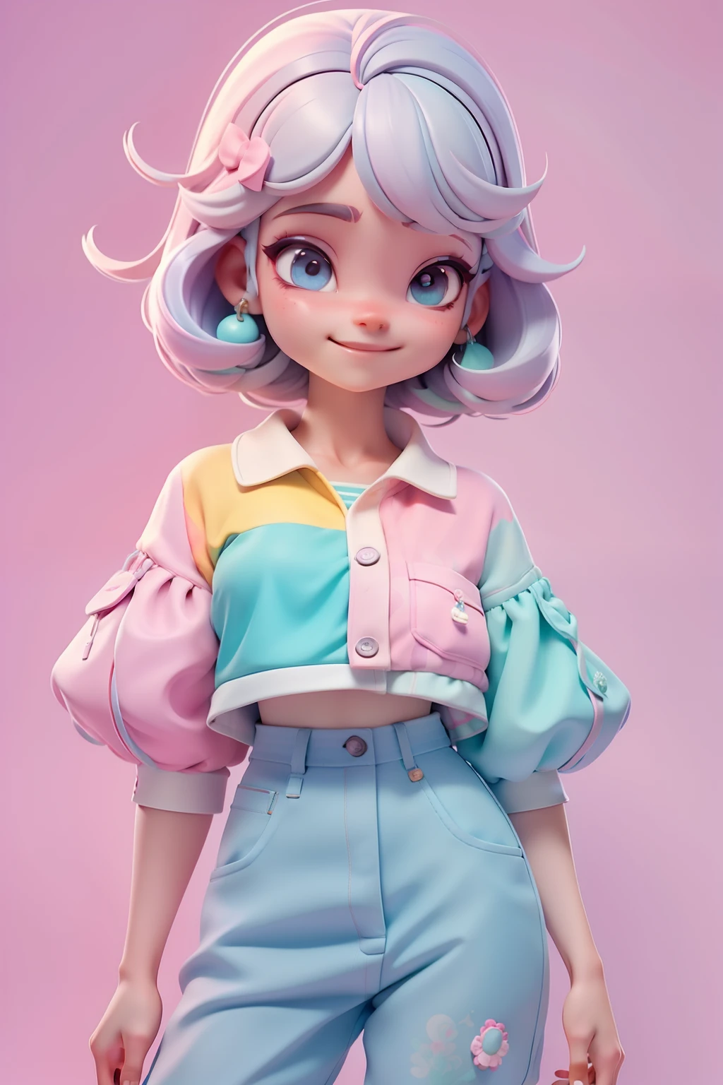 Avatar menina adolescente, tons pastel, sorriso meigo e delicado, Modern clothing and accessories, corpo inteiro,pele clara e olhos delicados e cabelos multicolor, fundo simples e branco