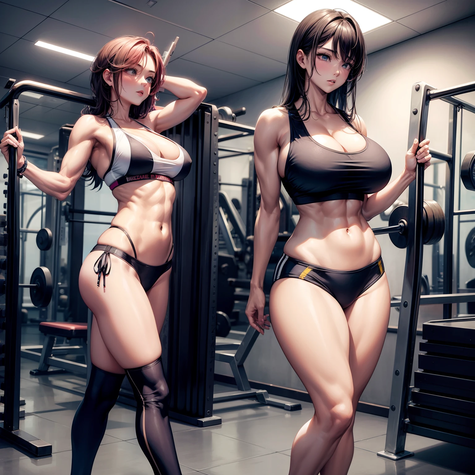 Beautuful Women、adult woman、huge tit、Nice Buddy、glamorous、well-muscled、abdominals、instructor、training gym、is standing、full body seen、Sportsbra、The bikini