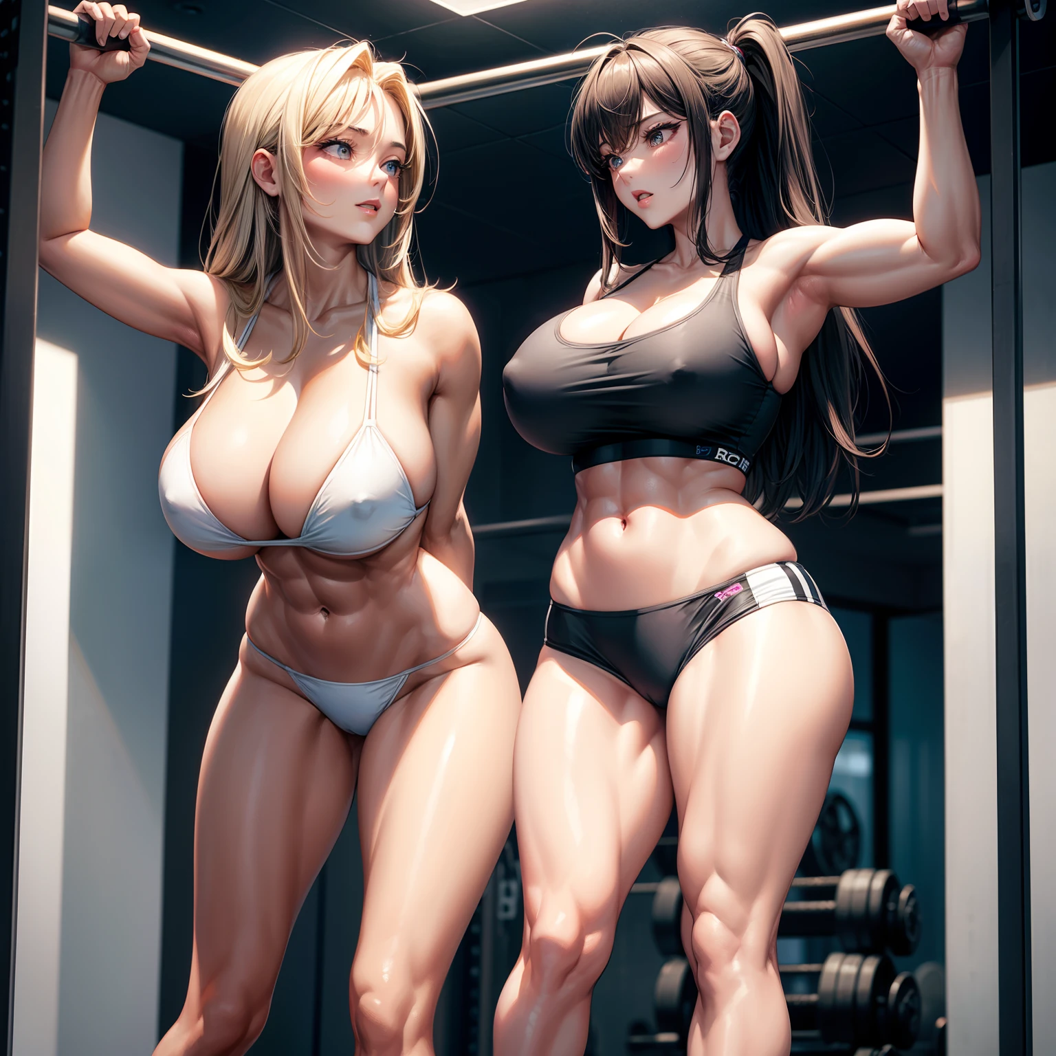 Beautuful Women、adult  woman、huge tit、Nice Buddy、glamorous、well-muscled、abdominals、instructor、training gym、is standing、full body seen、Sportsbra、The bikini