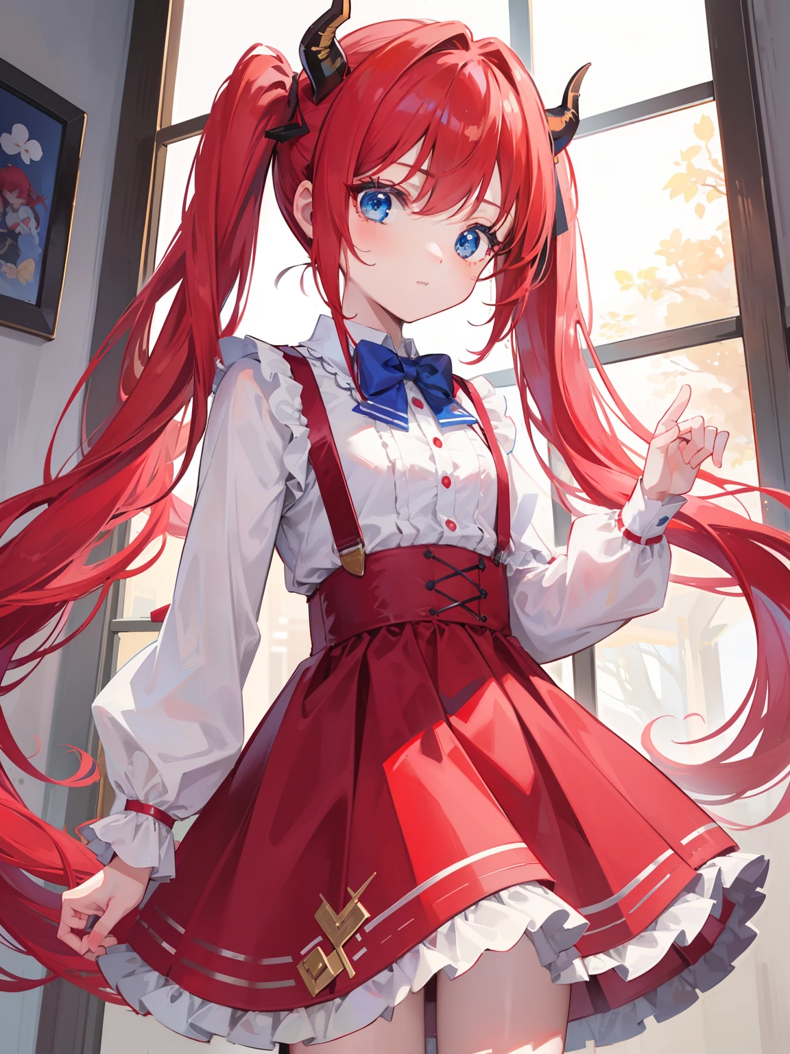 {{best quality}}, {{masterpiece}}, {{ultra-detailed}}, {illustration}, {detailed light}, red hair,blue eyes,twintails,ta,Suspenders skirt,Fantastic,lolio,Dragon horns,little gir