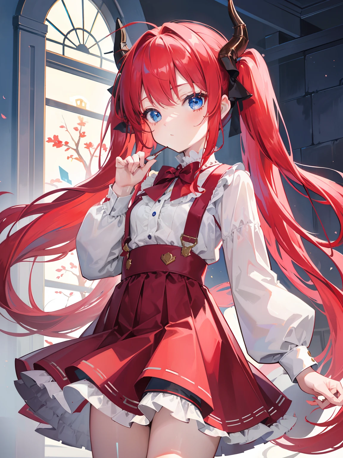 {{best quality}}, {{masterpiece}}, {{ultra-detailed}}, {illustration}, {detailed light}, red hair,blue eyes,twintails,lolita,Suspenders skirt,Fantastic,loli,solo,Dragon horns,little girl,long hair