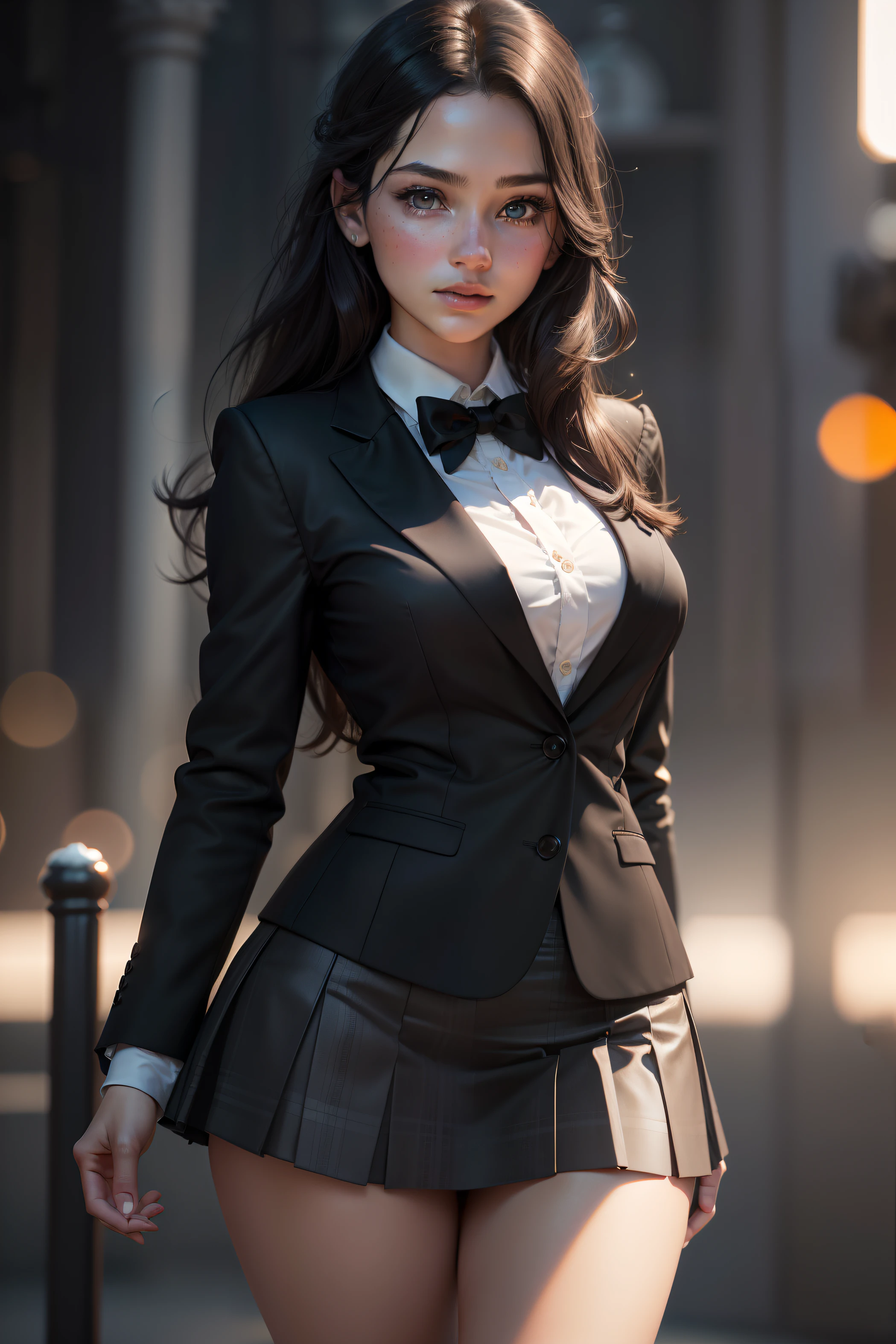 best quality, masterpiece, 1girl, Beautiful face, (photo realistic:1.3), rim lighting, (high detailed skin:1.2), 8k uhd, dslr, high quality, high resolution, 4k, 8k, Bokeh, absurdres, best ratio four finger and one thumb, (realistic:1.3), cute 1girl, wearing black formal blazer, medium breasts, short skirt,