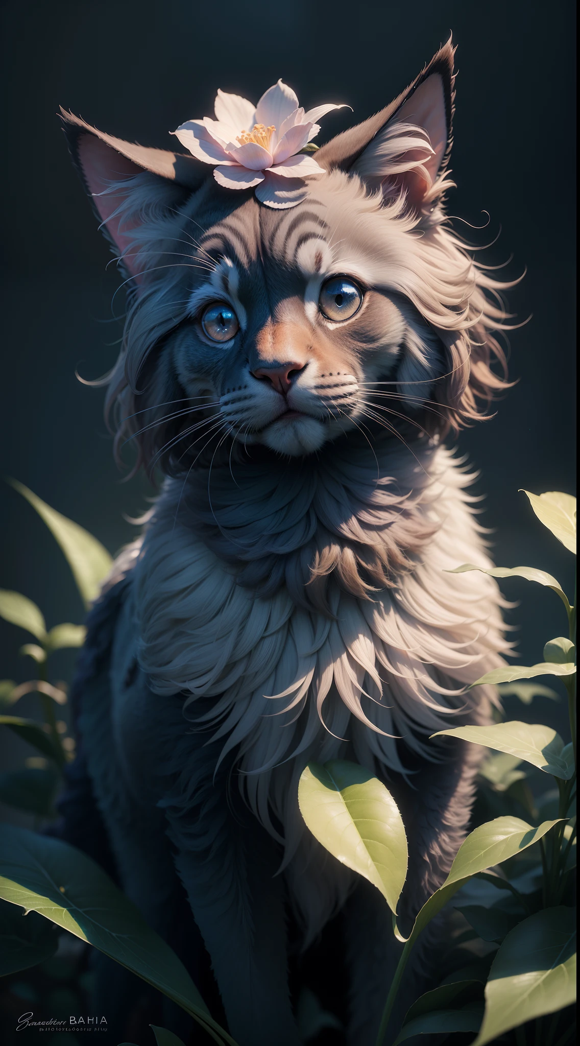 DreamShaper:3.2, Photography, BotanicalUSA, style of Paul Barson, A plant that looks like a fluffy maincoon, blue cloudy background, macro, no add human