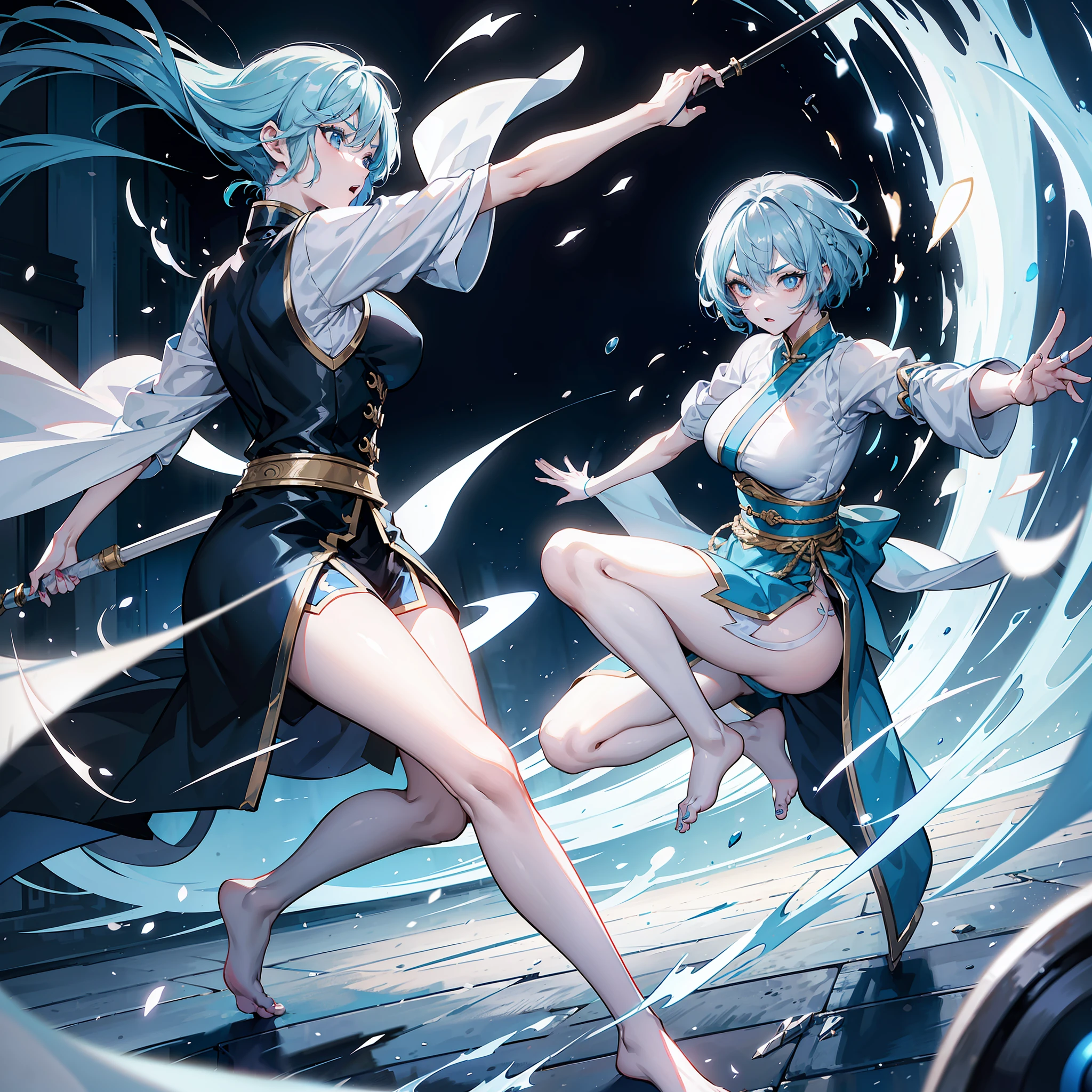 Woman with disheveled short light blue hair、sharp eyebrows、big eye、Dark eyelashes、Blue-based makeup、motion-blur、Ray tracing、Kicking Pose、martial art、battle garments、Barefoot、(Supreme details)、(Highest image quality 8K)