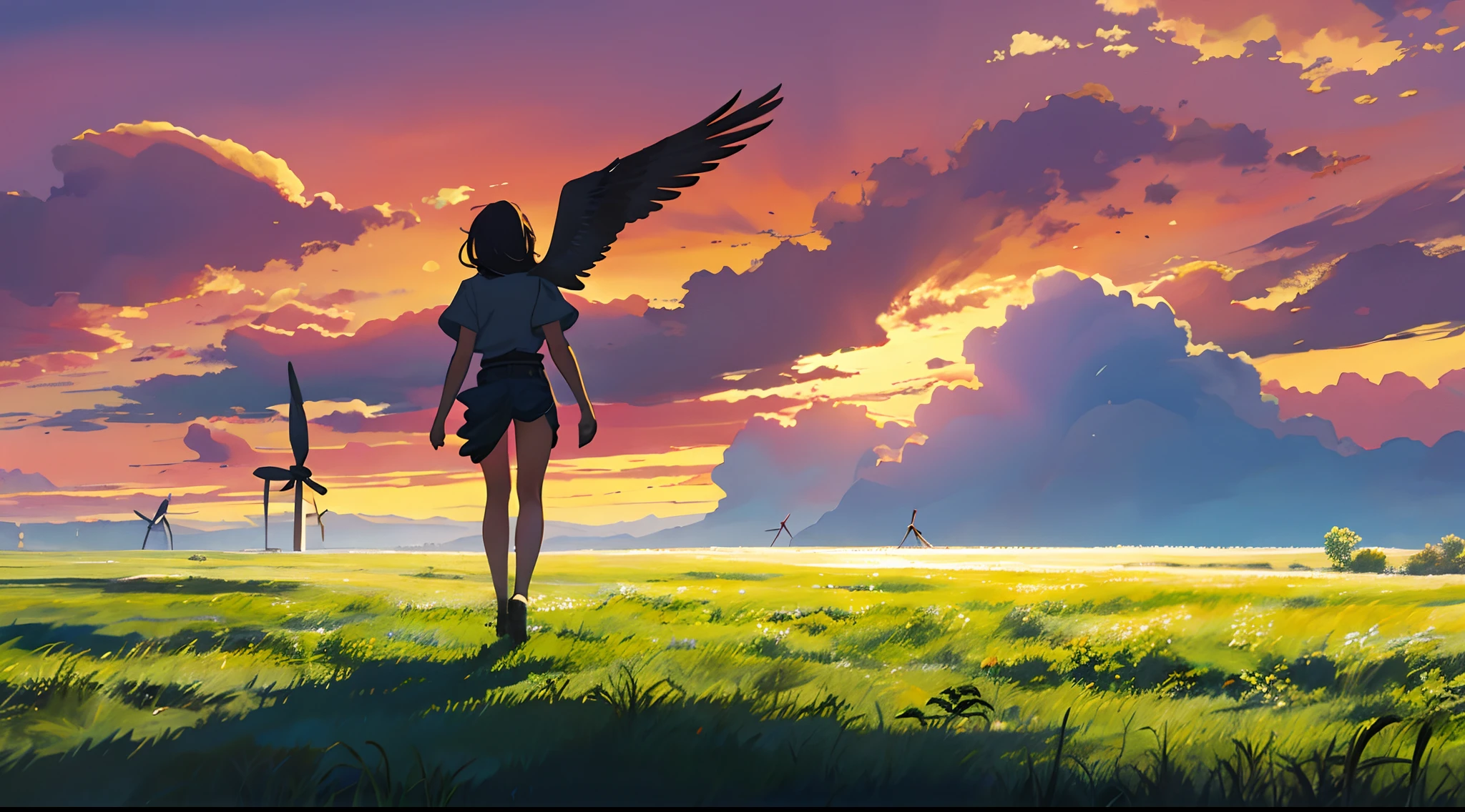 In the background of the grass is a wind turbine, A little girl with wings ran forward with the back of a windmill in her hand