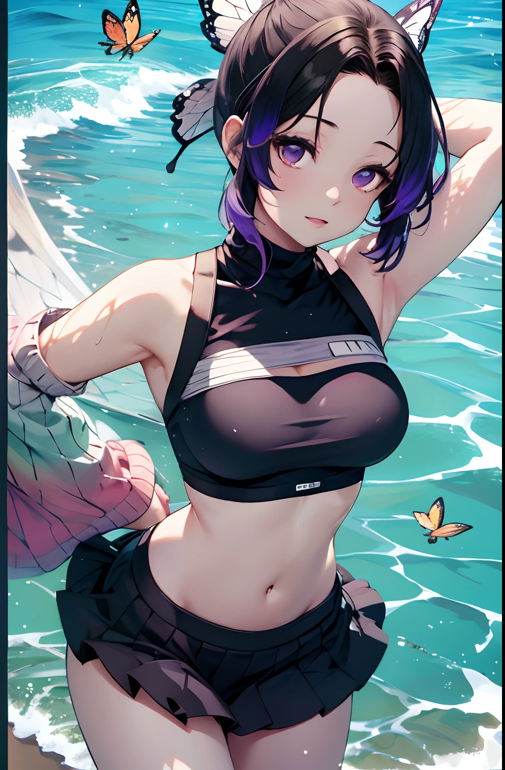 masutepiece, Best Quality, hight resolution, 1girl in, 独奏, kochou shinobu, Decorate your hair with butterflies, violet eyes, Multi-colored hair, Short hair, Parted bangs, open one's legs, Skirt, Turtleneck Top, a navel, Mare, the beach, outside of house, Erotica, swim wears,