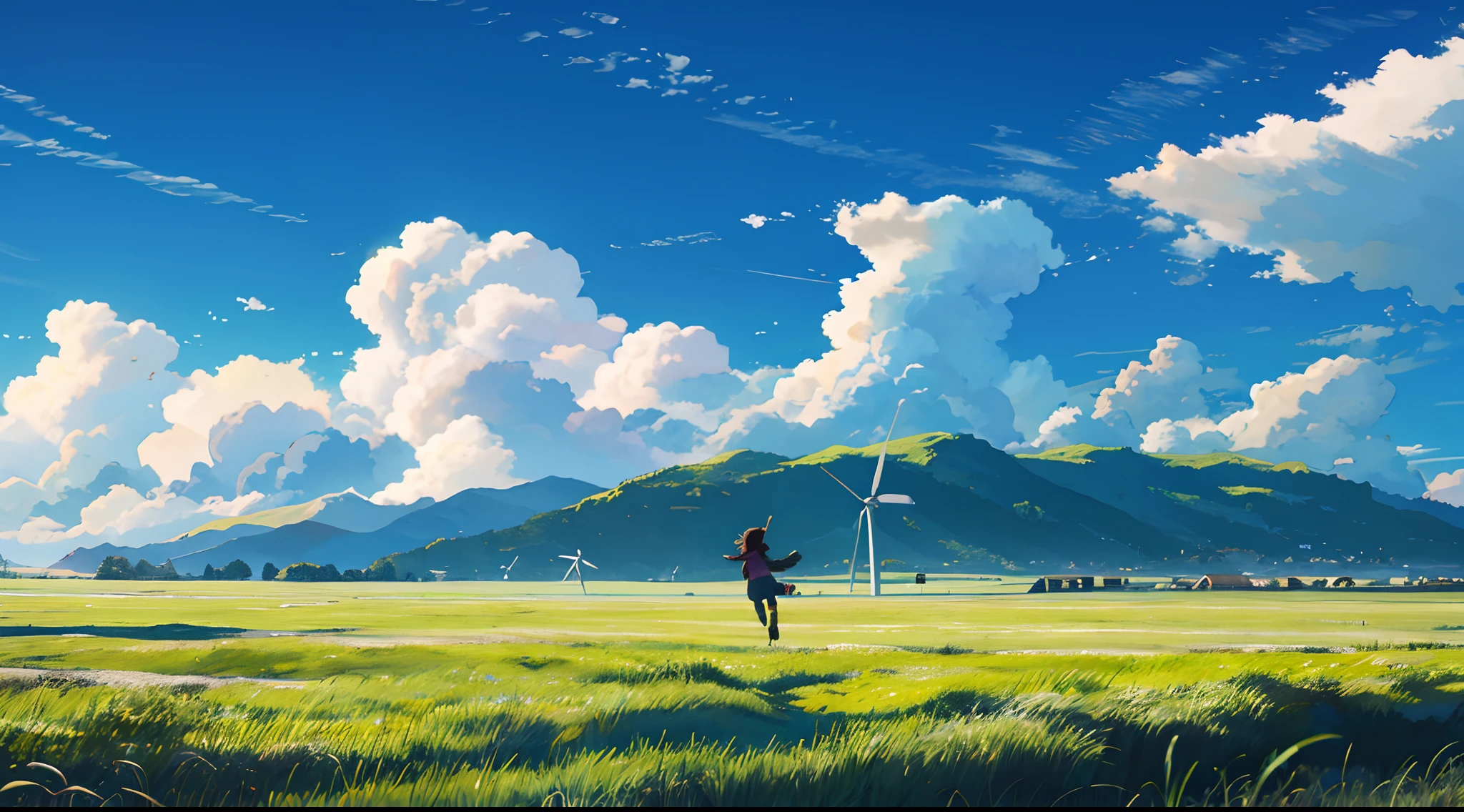 In the background of the grass is a wind turbine, A little girl with wings ran forward with the back of a windmill in her hand