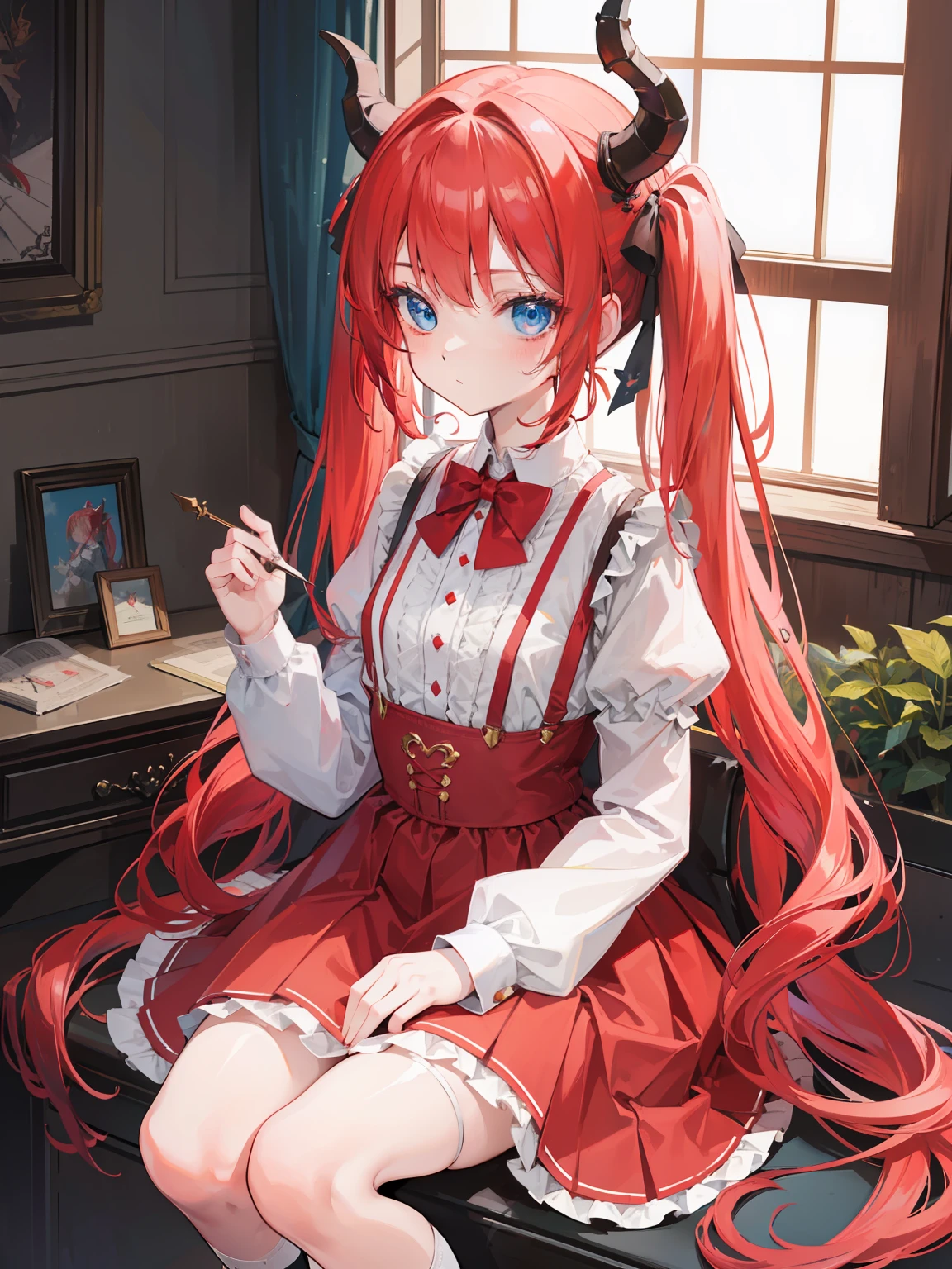 {{best quality}}, {{masterpiece}}, {{ultra-detailed}}, {illustration}, {detailed light}, red hair,blue eyes,twintails,lolita,Suspenders skirt,Fantastic,loli,solo,Dragon horns, girl,long hair