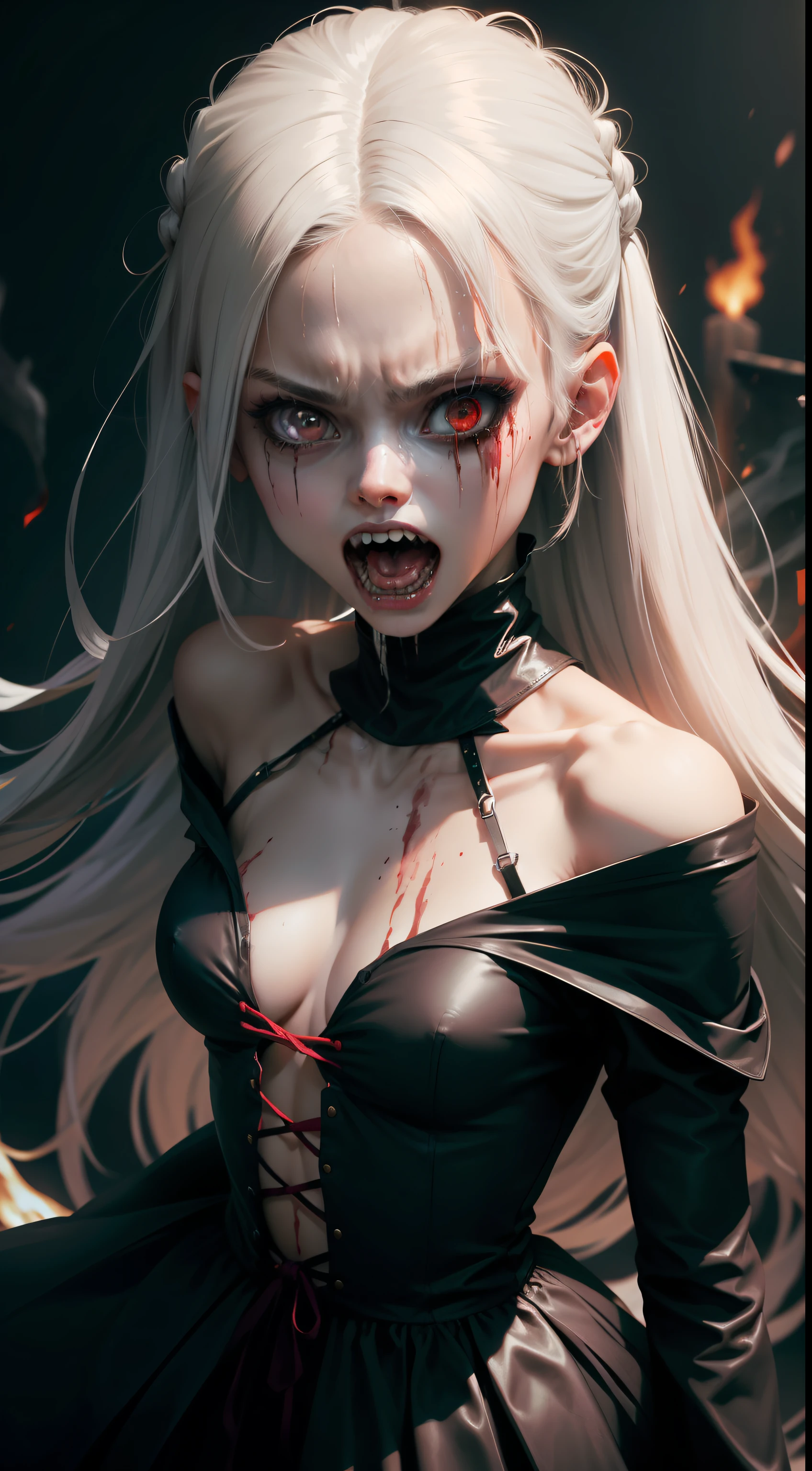 A very pal young girl humanoid character, with red eyes, her name is Cassie, she is crazy, nuts, with cuts and scraps, horror, she is creepy, she is scary, shock value, very evil, ill, she is skinny, evoke, fear, terror, dread, decay, disgust, she is a Psycho, dark, unattractively, unusually thin, thin, scraggly, emaciated, twisted, frightening, sick, dark background, long black_dress, gore, blood, solo, close up, (messy white long hair), fog, evil eyes, she is flat, eyes glowing, dress fully covers her, she's nut, yelling, she's mad, she's furious, she's screaming out loud, showing teeth, mouth open wide, yelling at the camera, fire in the background, rage, sharp teeth, bloody mouth, vampire like, she is holding a (sword)