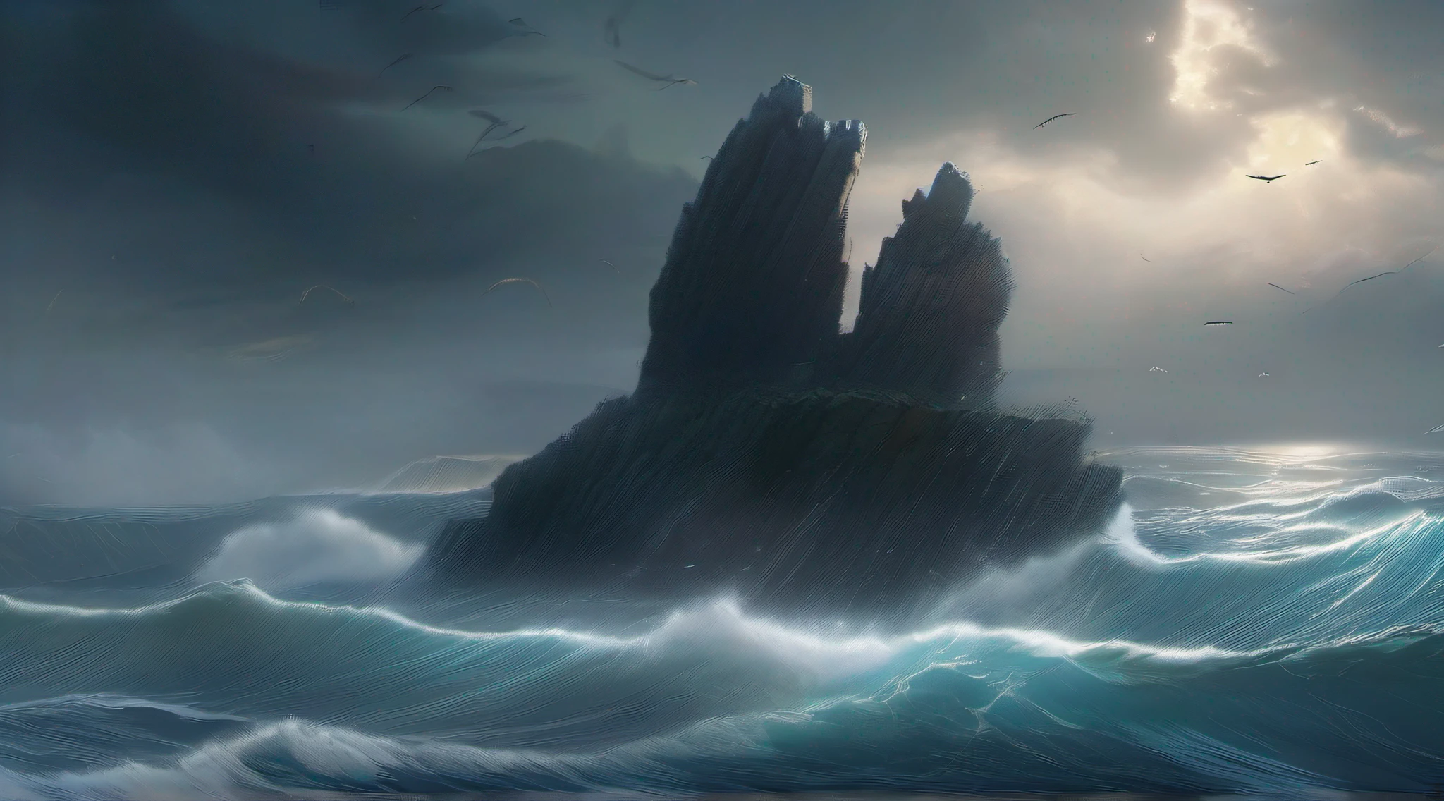 You can see the wings crashing against the rocks as they crash at the edge of the waves.、The area was darkened by rain clouds.、I thought the boundary between the sea and the sky had become difficult to understand, but hail began to fall.