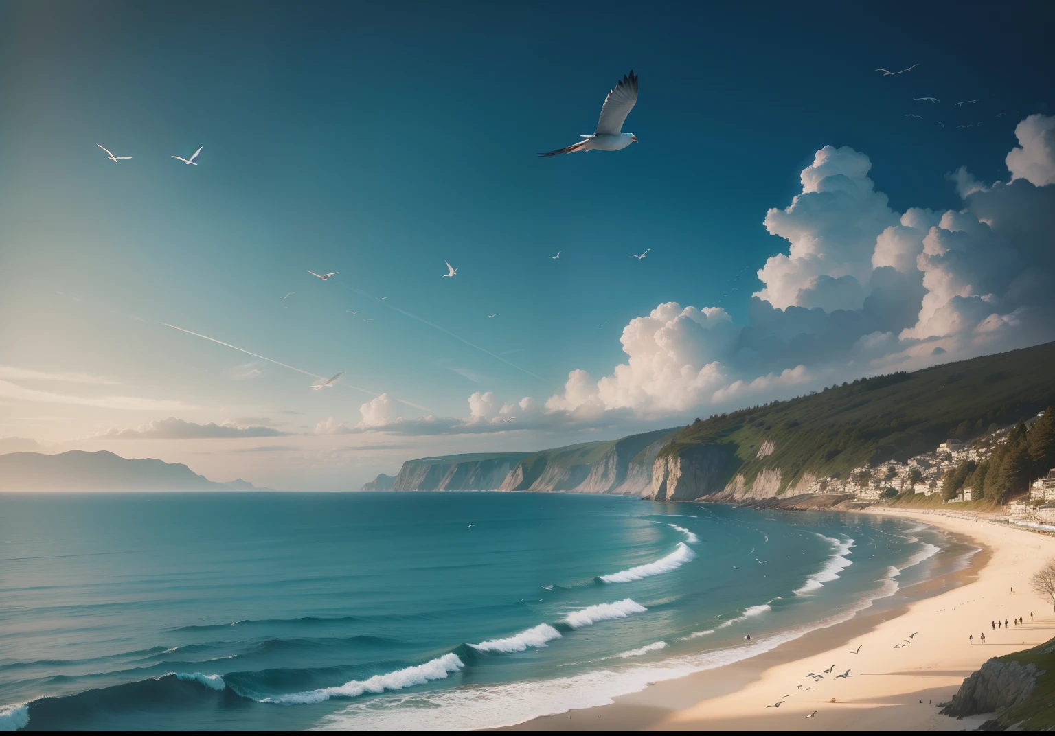 "birds flocking in large numbers above the picturesque sea shore"
