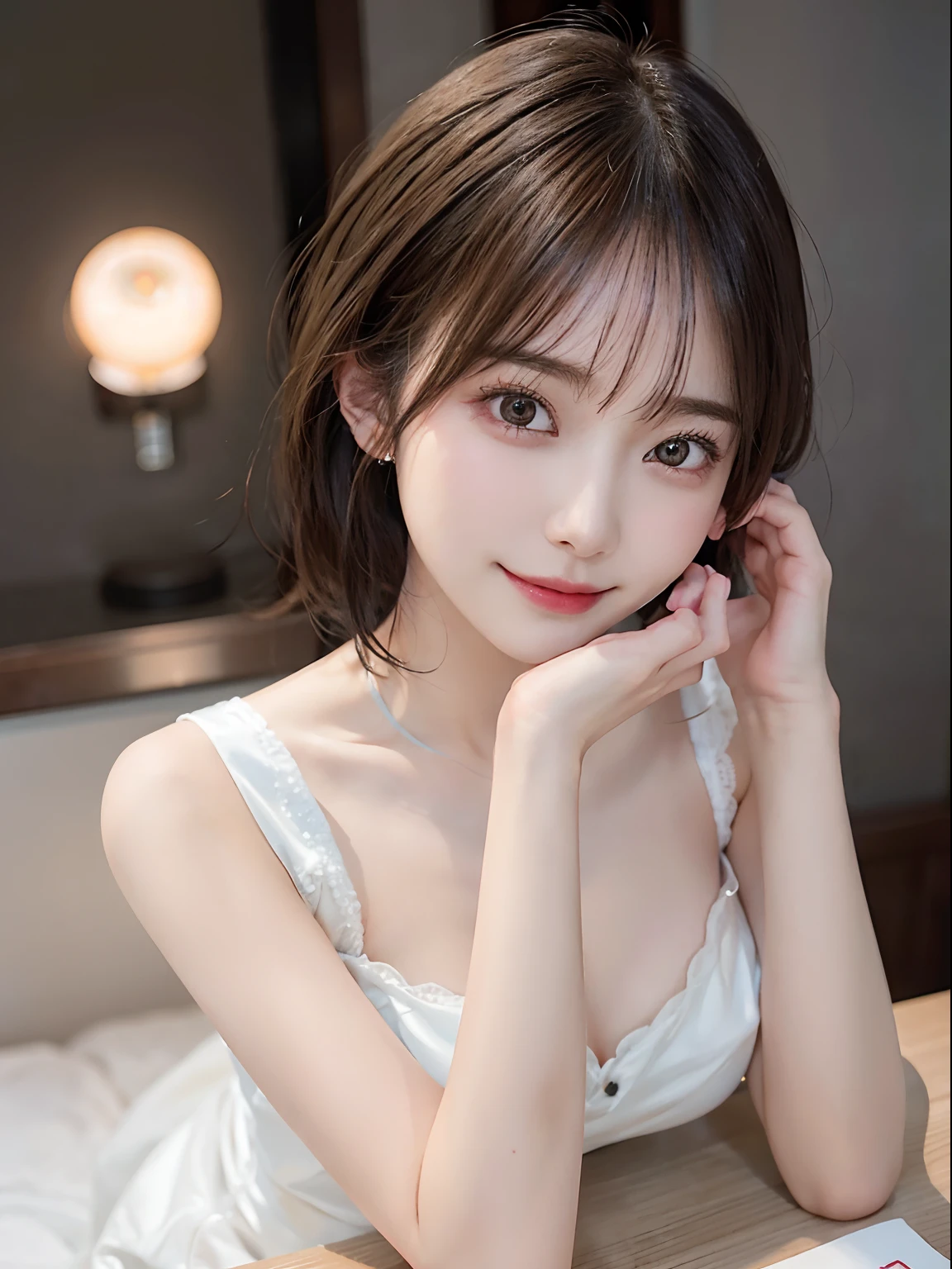 (Raw photography:1.2)、top-quality、a beautiful detailed girl、A smile、short-haired、extremely detailed eye and face、beatiful detailed eyes、huge filesize、hight resolution、8k wallpaper、finely detail、Highly detailed ticker uniform 8K wallpaper、Light on the Face、电影灯光、16-year-old girl、sexy pose、(photorealisim:1.4)、illustratio、super detailing、校服、Japanese high school students