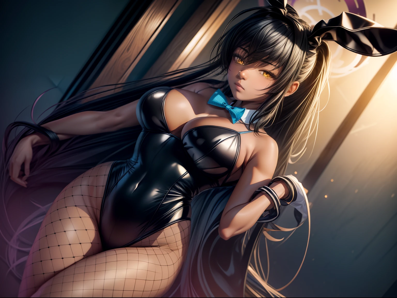 (masterpiece: 1.4), (best quality: 1.2), (ultra realistic), kakudate karin, 1girl, halo, black hair, long hair, yellow eyes, dark-skinned female, official alternate costume, rabbit ears, playboy bunny, black leotard, fishnet pantyhose, detached collar, blue bowtie, white gloves, wrist cuffs, ponytail, beautiful background, plushies, elements