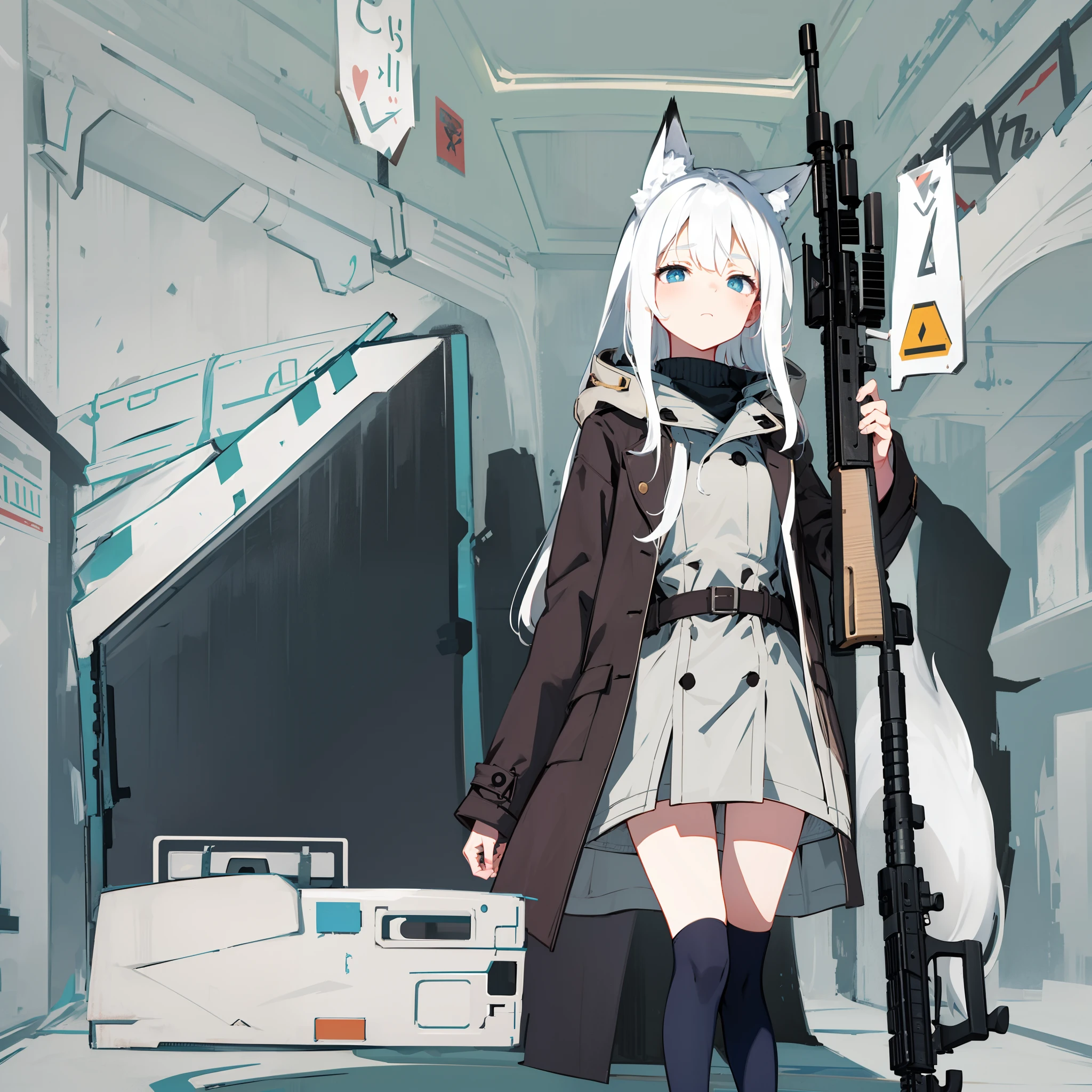 Trench coat，long  white hair，fox ear，A age girl，assault rifle，shyexpression