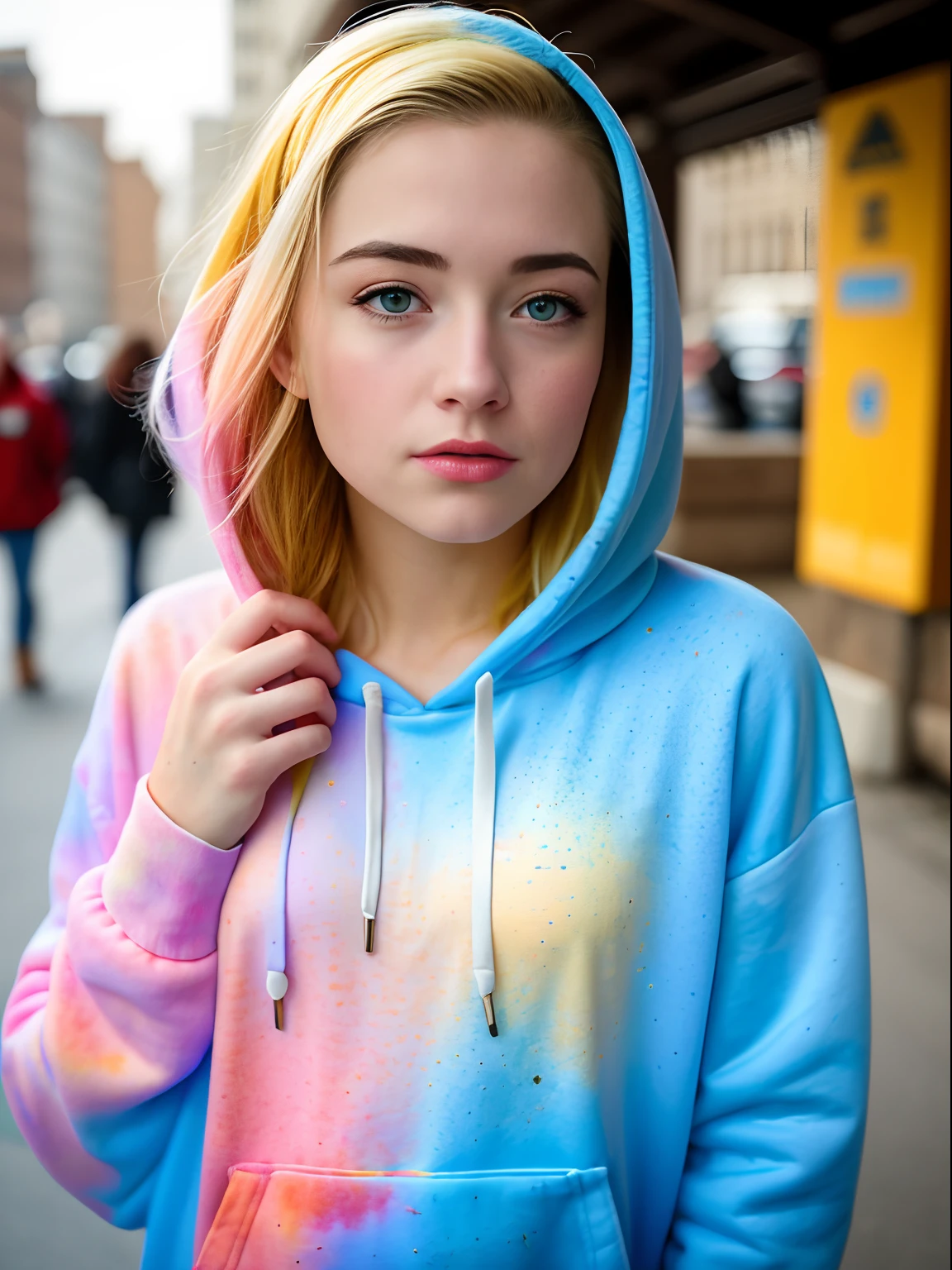 Beautiful american young woman wearing a full-length hoodie, looks at the viewer, Holi Color Festival, European type of appearance, European face, Blue eyes and blonde hair,  against the backdrop of the city, a lot of details, гипердетальный POV, by Lee Jeffries, Nikon D850, Camera roll, 4 Kodak Portra 400, F1 camera lens.6, saturated colors, A hyper-realistic, lifelike texture, spectacular lighting, Cinestill 800,