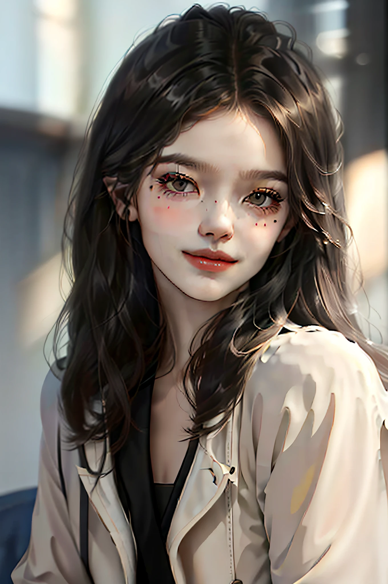 Young girl in the flower season,Watery eyes and seductive eyelashes,Wearing a black trench coat,Slightly exposed from the side,His eyes were more determined,There is a hint of mystery in the sadness,His smile,Sunshine,The whole person is full of energy,He has some small spots on his face that belong to this age,But not obvious,He has this beauty mole,In a gray room,He sat in a computer chair,Gaze deeply into the camera,Bangs gently curled up his forehead