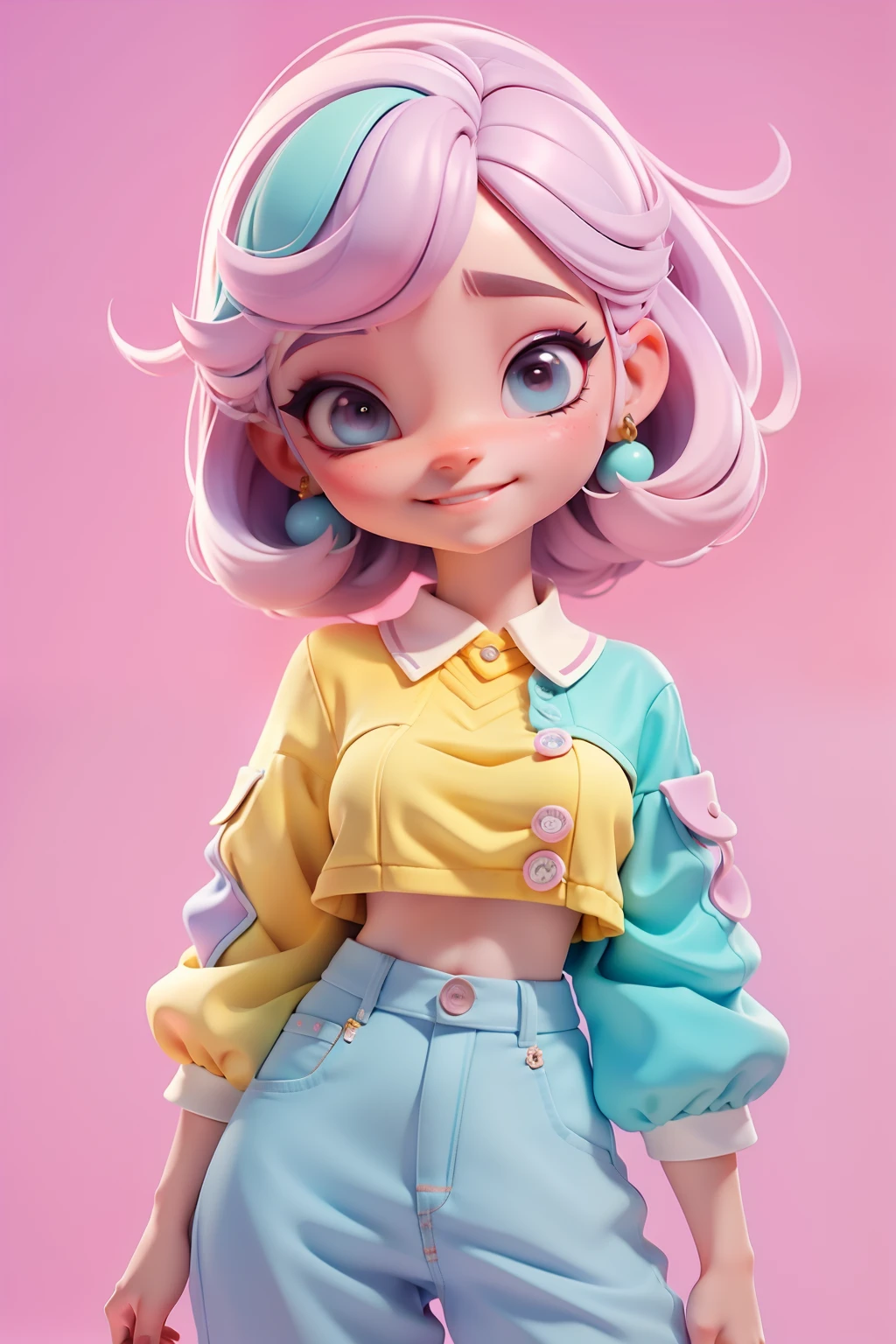 Avatar , tons pastel, sorriso meigo e delicado, Modern clothing and accessories, corpo inteiro,pele clara e olhos delicados e cabelos multicolor, fundo simples e branco