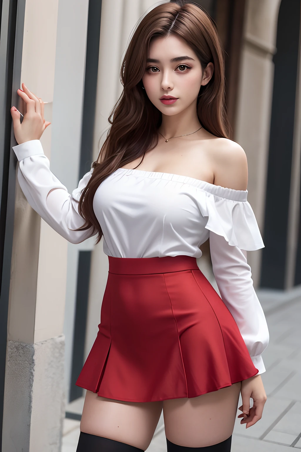 a beautiful 20yo spanyol woman, off-shoulder shirt, high waist short skirt , thighhighs